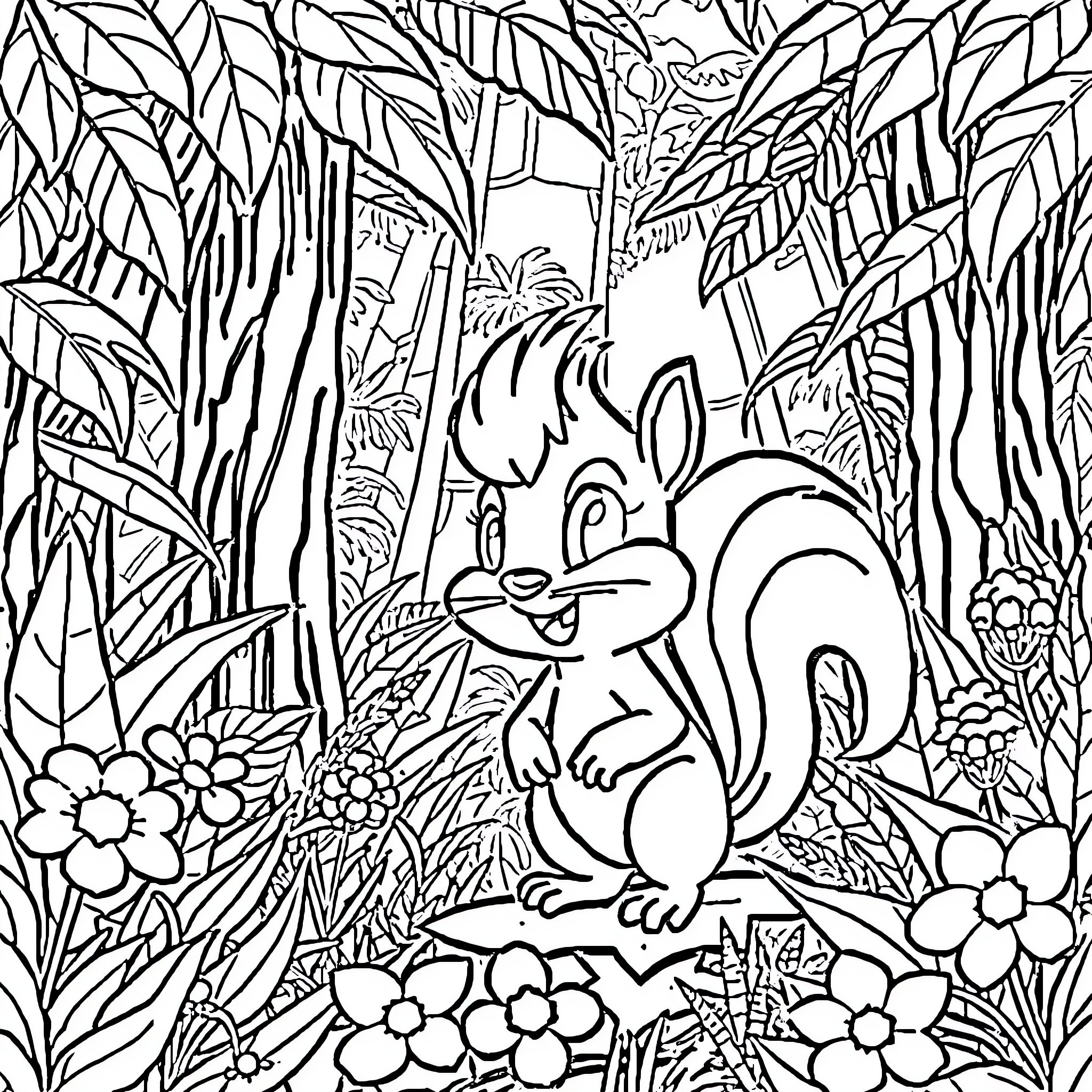 Sprunky squirrel's playful forest adventure Coloring Page (free black-and-white line drawing printable PDF for all, from beginners to advanced learners, including children, teens, adults, and seniors)