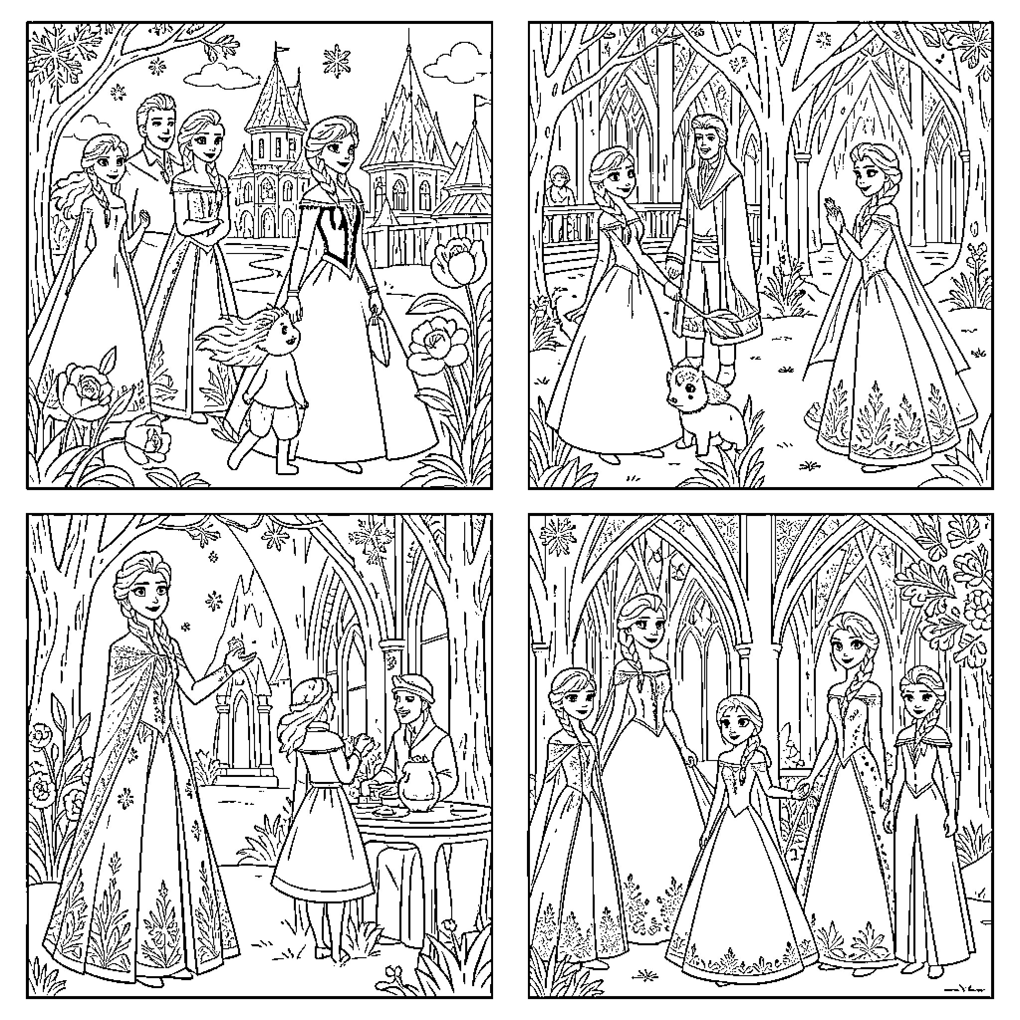 Frozen characters interacting in various magical scenes Coloring Page (free black-and-white line drawing printable PDF for all, from beginners to advanced learners, including children, teens, adults, and seniors)