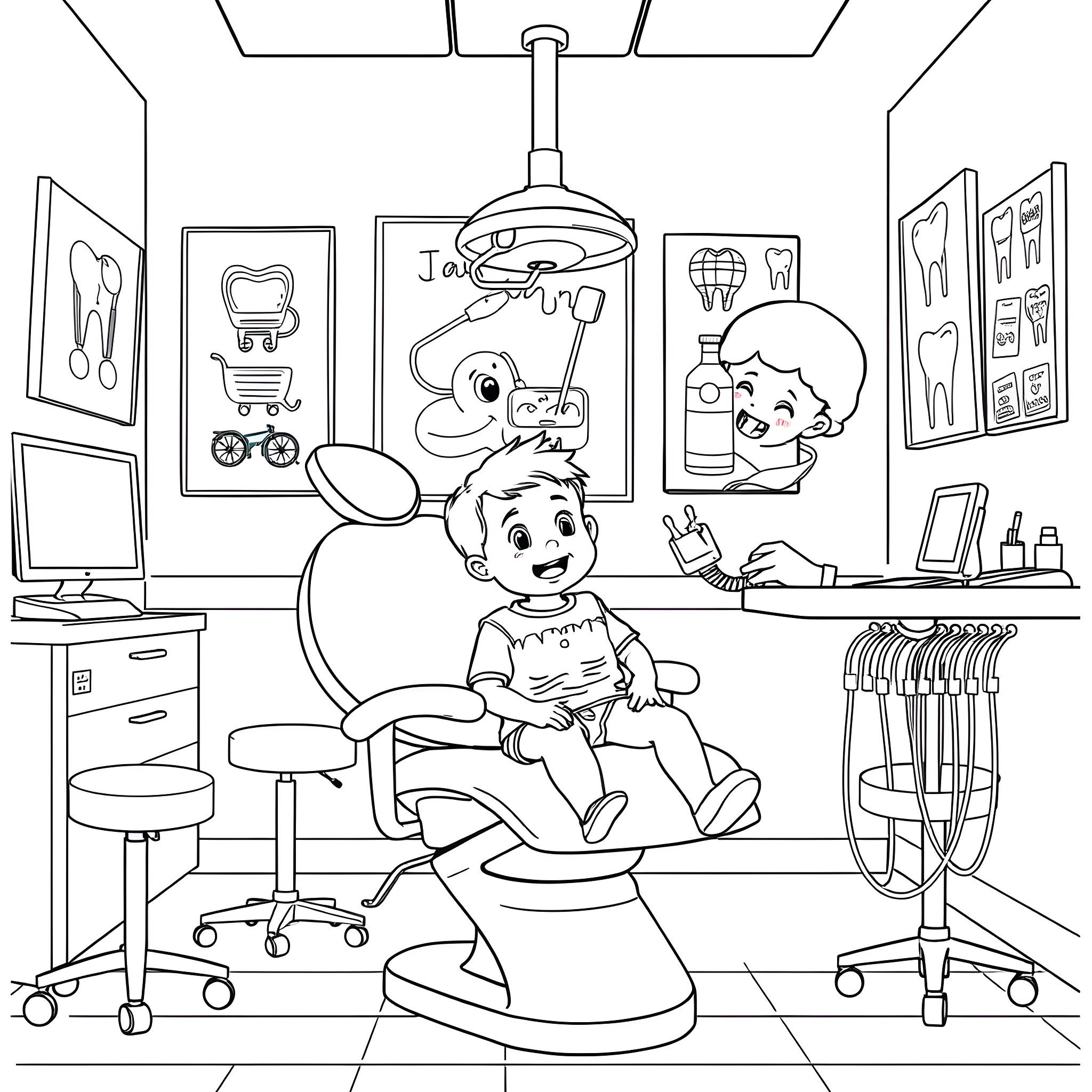 Kid enjoying dental visit at the clinic Coloring Page (free black-and-white line drawing printable PDF for all, from beginners to advanced learners, including children, teens, adults, and seniors)