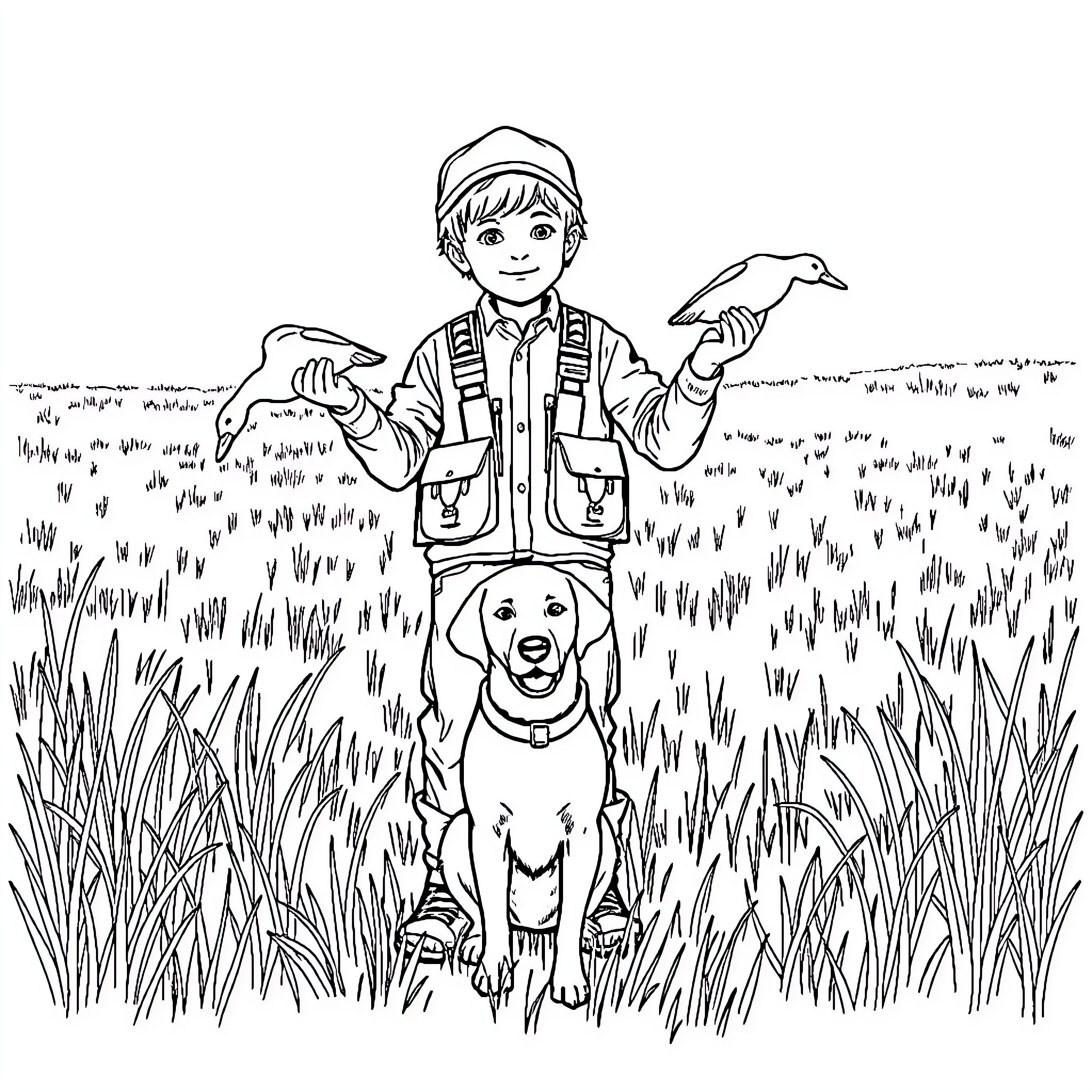 Duck Hunter and His Loyal Companion in Nature Coloring Page (free black-and-white line drawing printable PDF for all, from beginners to advanced learners, including children, teens, adults, and seniors)