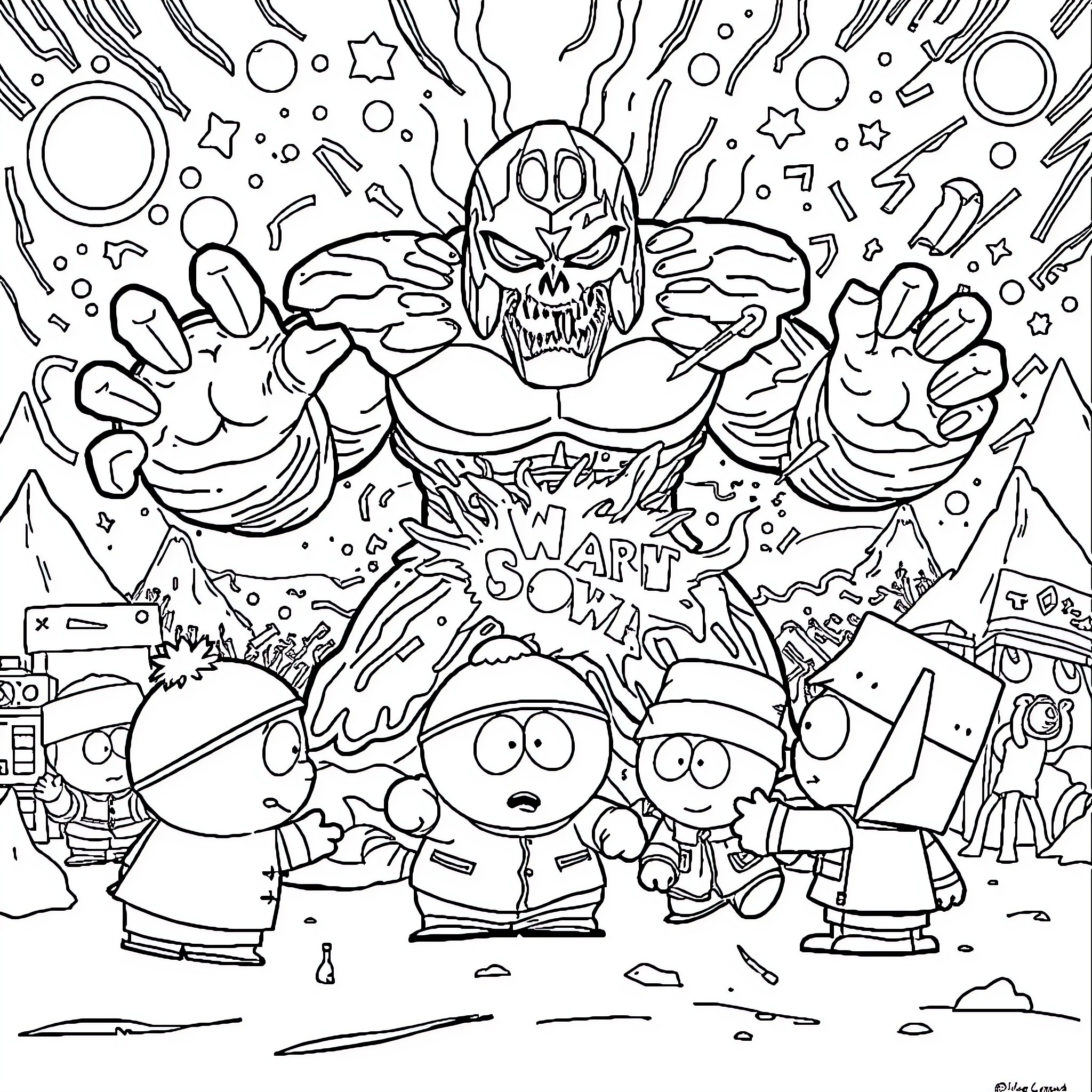 Southpark characters facing a powerful villain Coloring Page (free black-and-white line drawing printable PDF for all, from beginners to advanced learners, including children, teens, adults, and seniors)