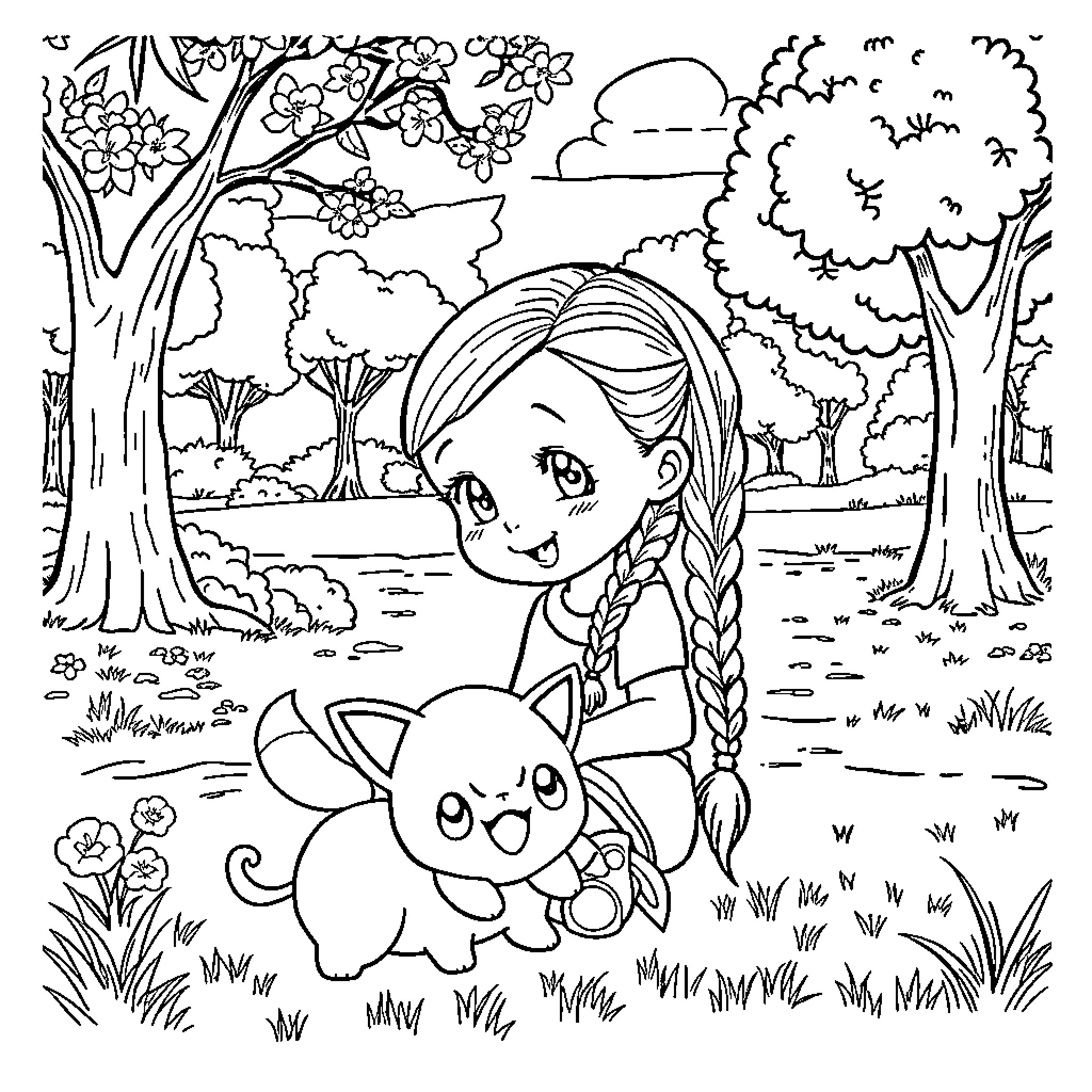 Girl playing with cute animal in nature Coloring Page (free black-and-white line drawing printable PDF for all, from beginners to advanced learners, including children, teens, adults, and seniors)