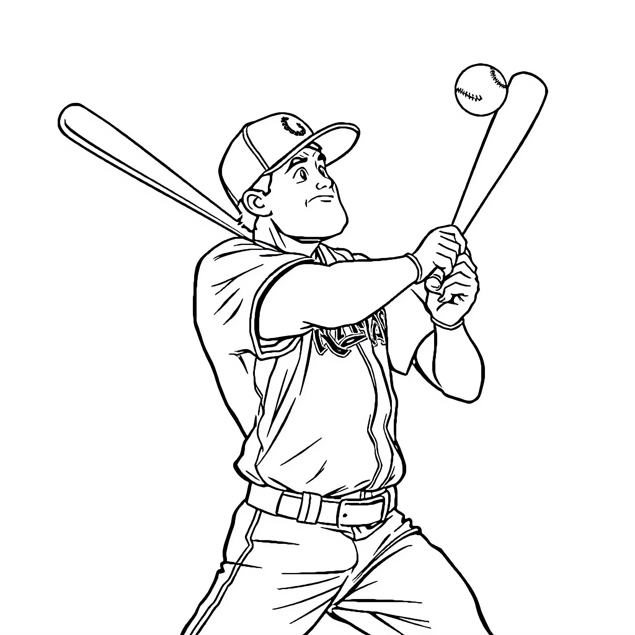 Baseball Player Batting with Focused Expression Coloring Page (free black-and-white line drawing printable PDF for all, from beginners to advanced learners, including children, teens, adults, and seniors)