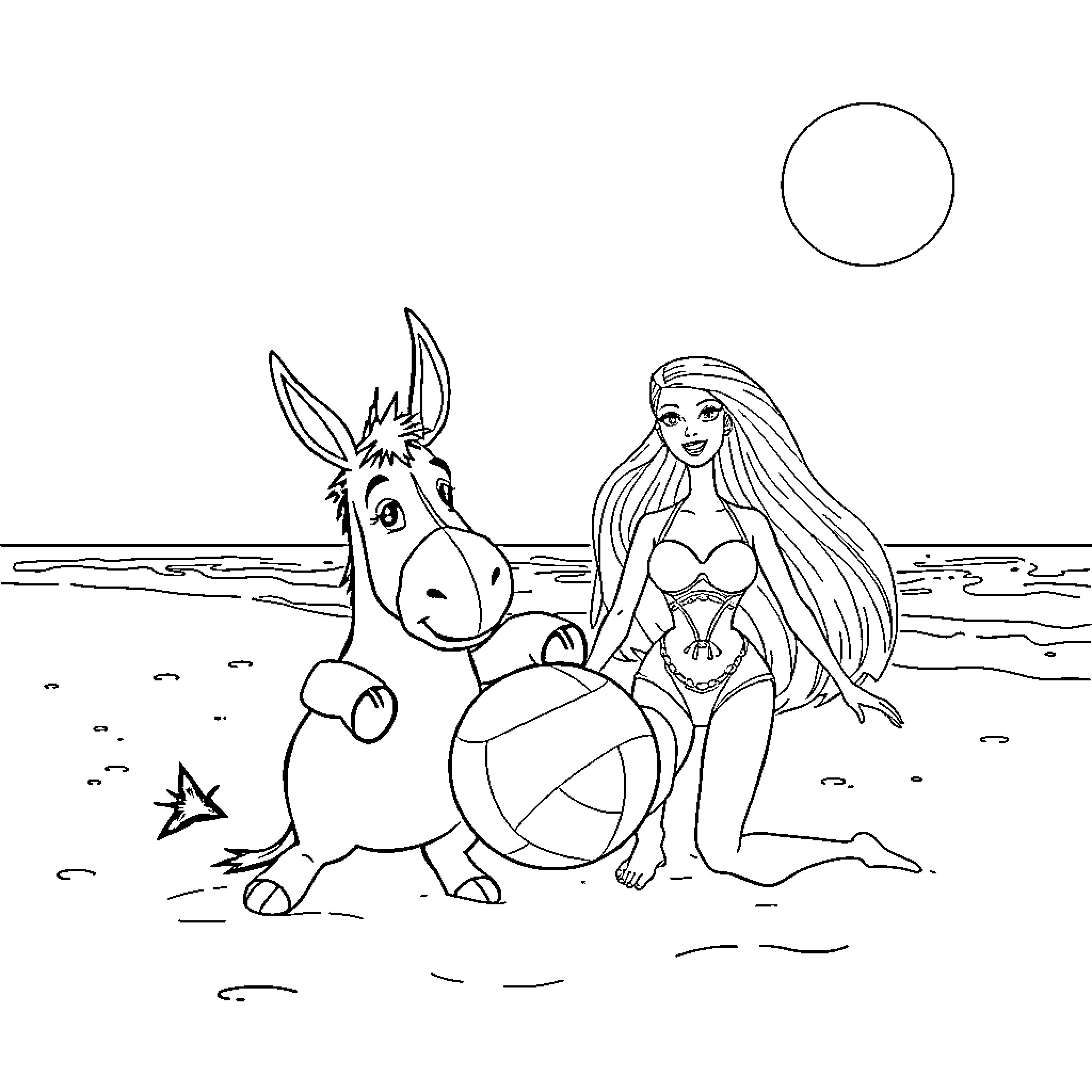 Eeyore playing with mermaid on the beach Coloring Page (free black-and-white line drawing printable PDF for all, from beginners to advanced learners, including children, teens, adults, and seniors)