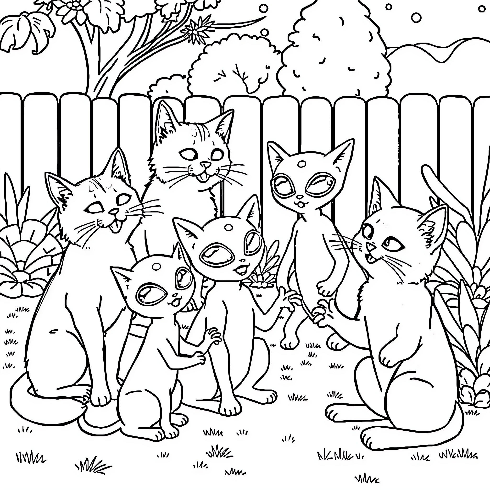 Cat friends playing together in the backyard Coloring Page (free black-and-white line drawing printable PDF for all, from beginners to advanced learners, including children, teens, adults, and seniors)