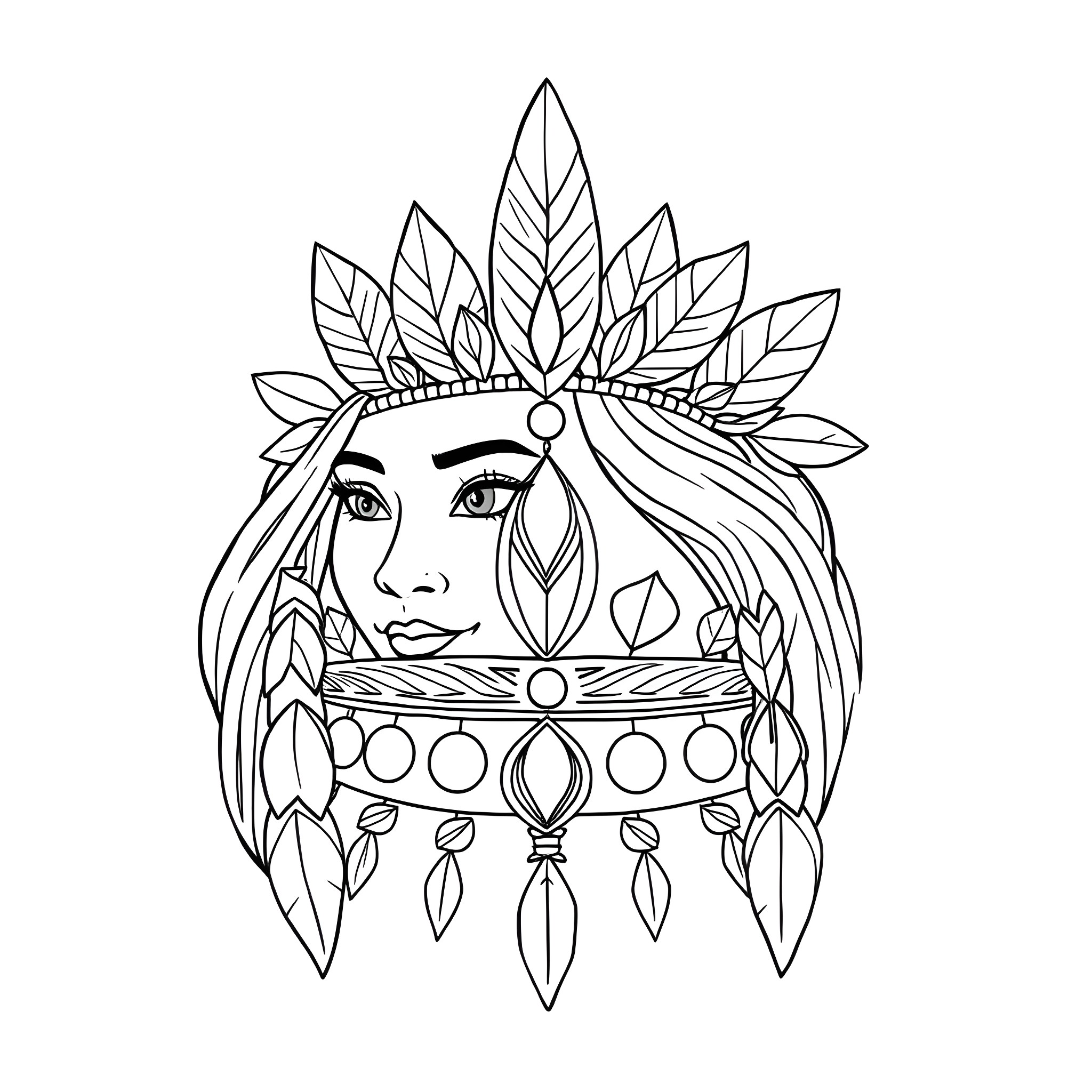 Pocahontas in tribal headdress with decorative feathers Coloring Page (free black-and-white line drawing printable PDF for all, from beginners to advanced learners, including children, teens, adults, and seniors)