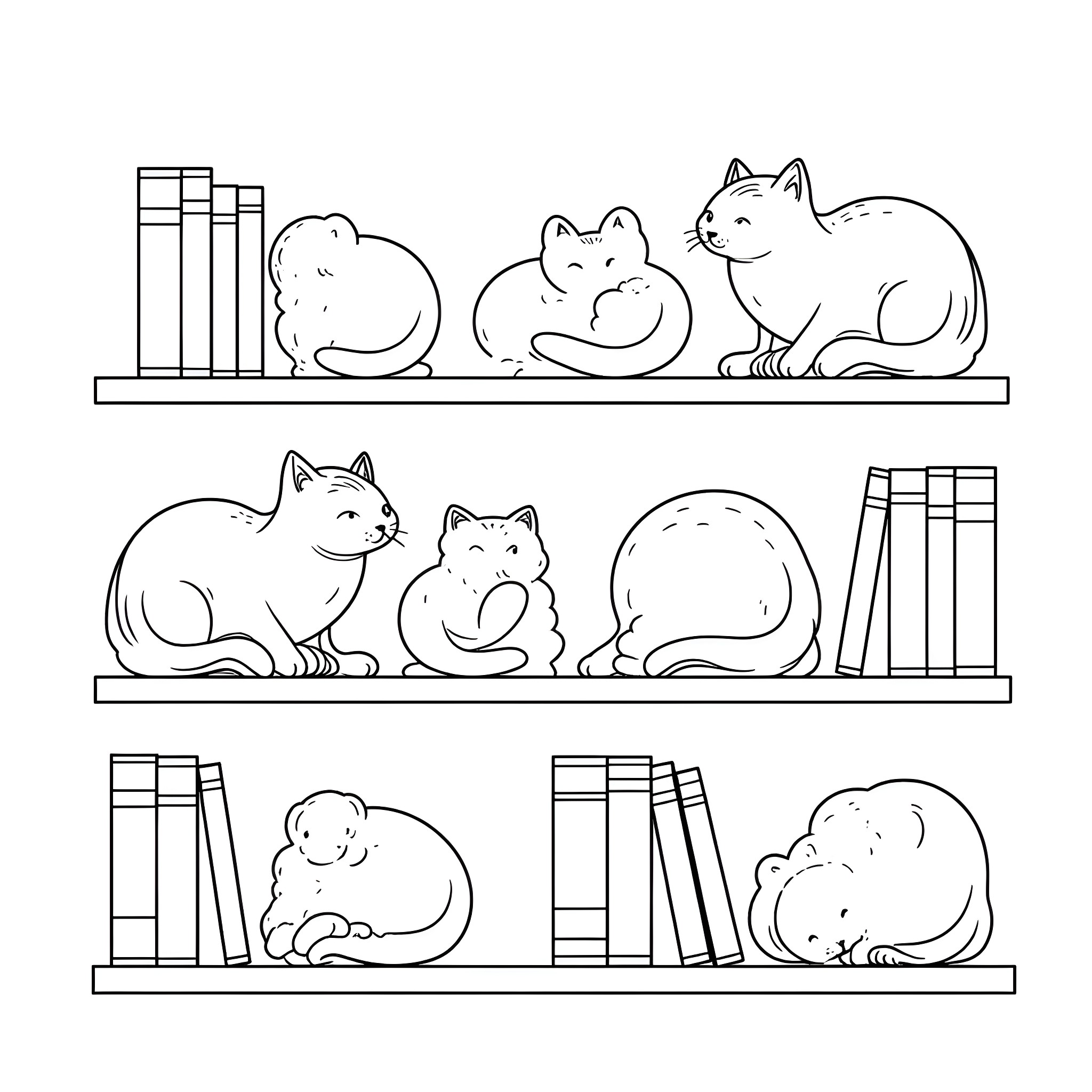 Cats lounging on shelves with books Coloring Page (free black-and-white line drawing printable PDF for all, from beginners to advanced learners, including children, teens, adults, and seniors)