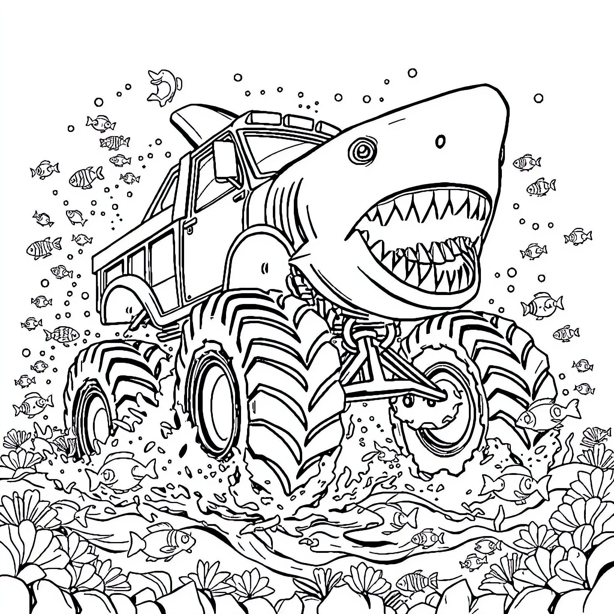 Shark Monster Truck Crushing Underwater Scene Coloring Page (free black-and-white line drawing printable PDF for all, from beginners to advanced learners, including children, teens, adults, and seniors)