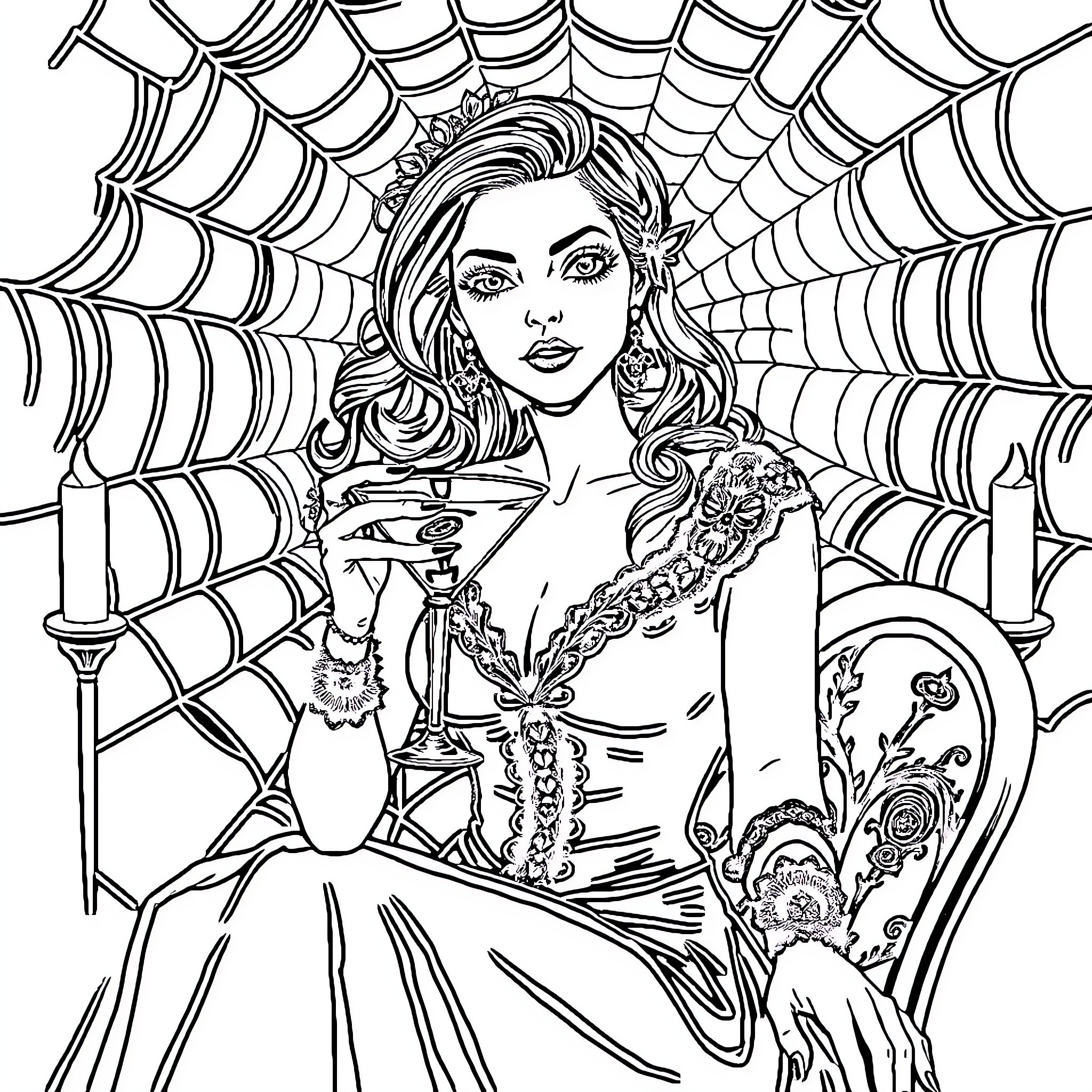 Woman in detailed costume amid spider web background Coloring Page (free black-and-white line drawing printable PDF for all, from beginners to advanced learners, including children, teens, adults, and seniors)