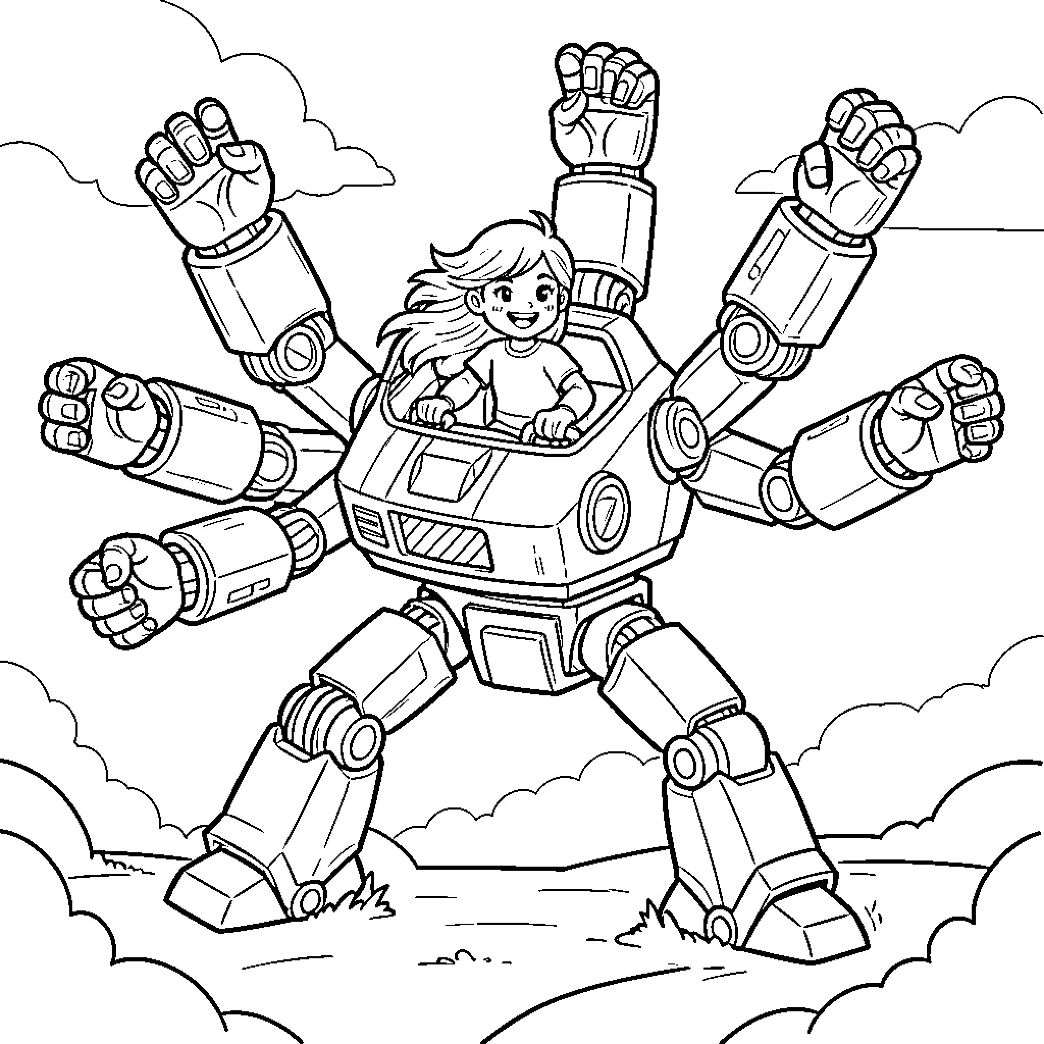 Girl in a Robotic Suit Exploring the Skies Coloring Page (free black-and-white line drawing printable PDF for all, from beginners to advanced learners, including children, teens, adults, and seniors)