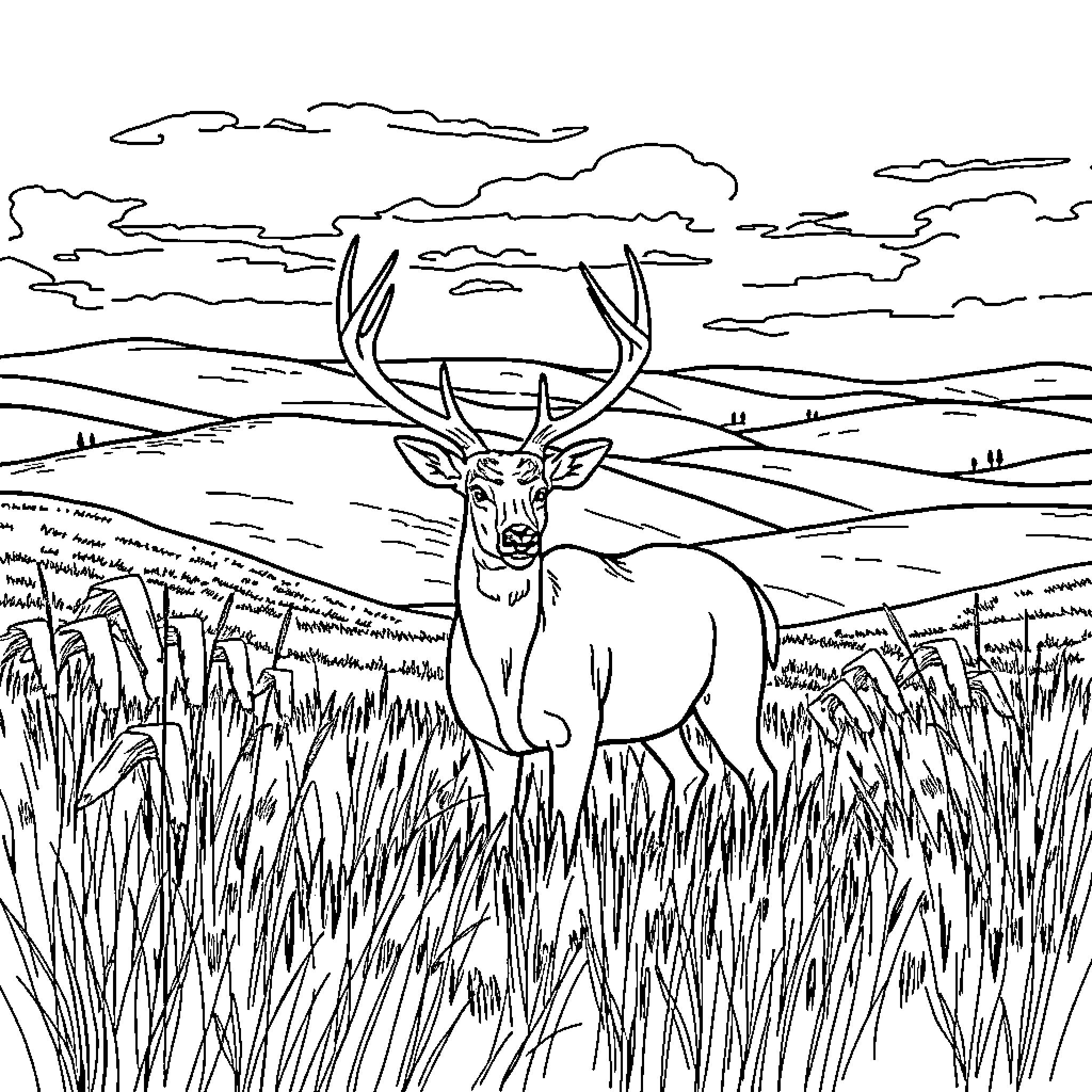 Deer standing tall in a grassy field Coloring Page (free black-and-white line drawing printable PDF for all, from beginners to advanced learners, including children, teens, adults, and seniors)