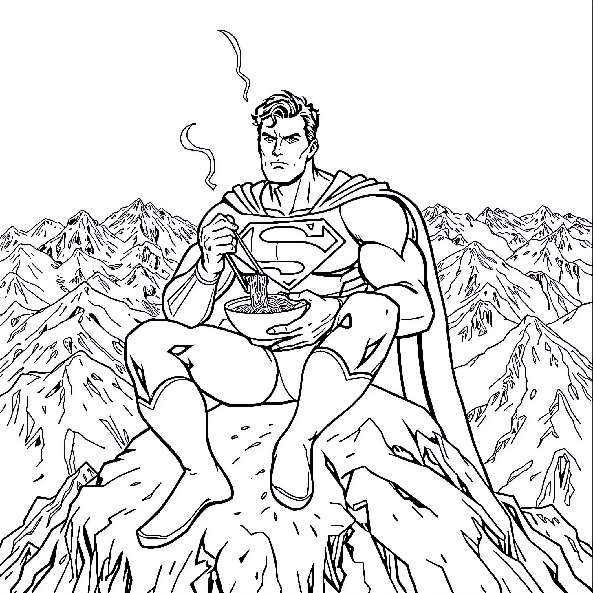 Superman relaxing with a meal on a mountain peak Coloring Page (free black-and-white line drawing printable PDF for all, from beginners to advanced learners, including children, teens, adults, and seniors)