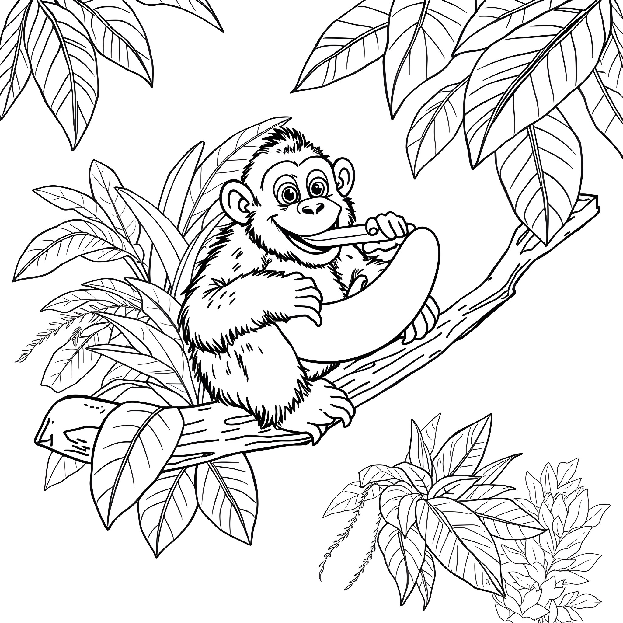 Ape having fun in the jungle Coloring Page (free black-and-white line drawing printable PDF for all, from beginners to advanced learners, including children, teens, adults, and seniors)