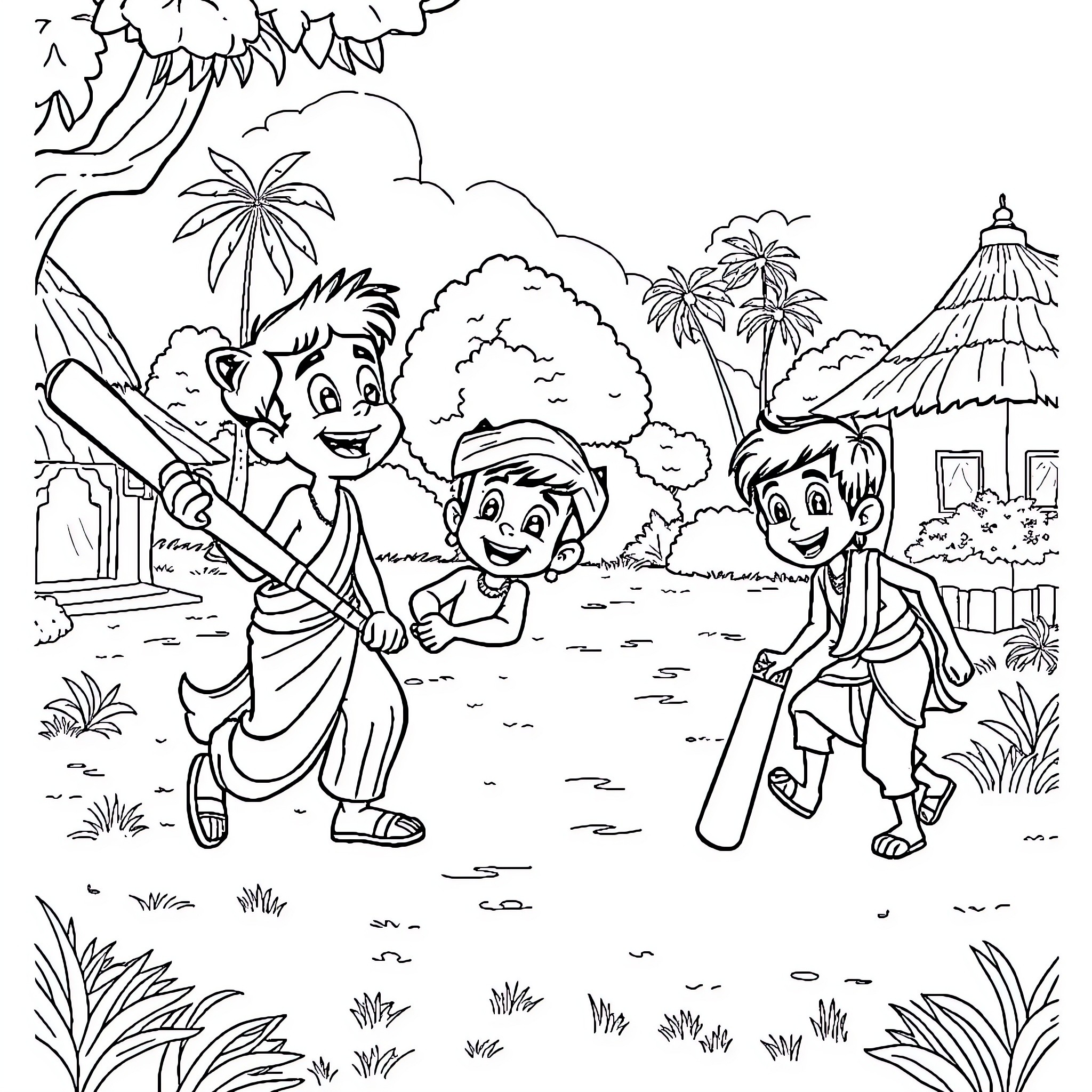 Chota Bheem and friends playing cricket in the jungle Coloring Page (free black-and-white line drawing printable PDF for all, from beginners to advanced learners, including children, teens, adults, and seniors)