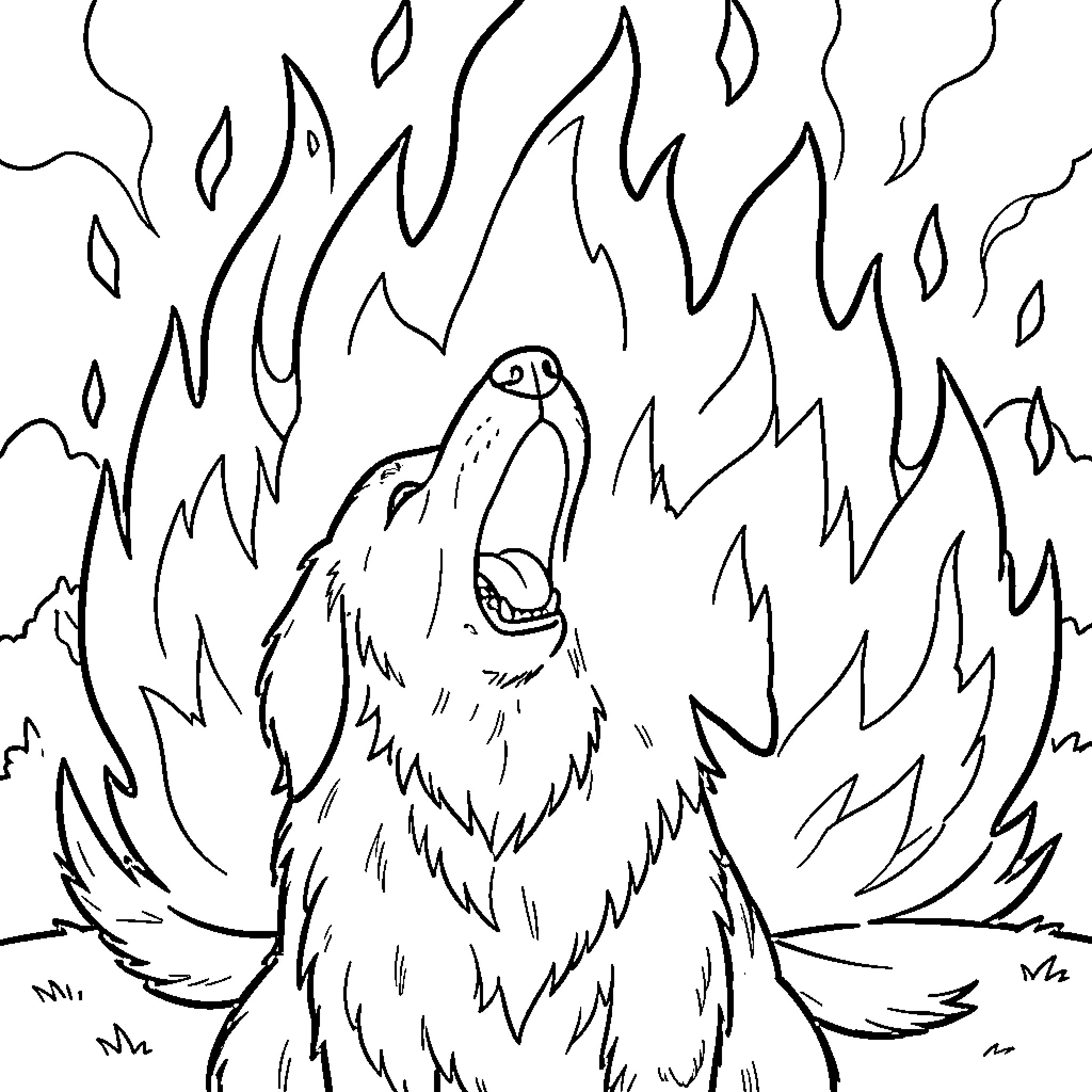 Dog howling loudly amidst rising flames Coloring Page (free black-and-white line drawing printable PDF for all, from beginners to advanced learners, including children, teens, adults, and seniors)