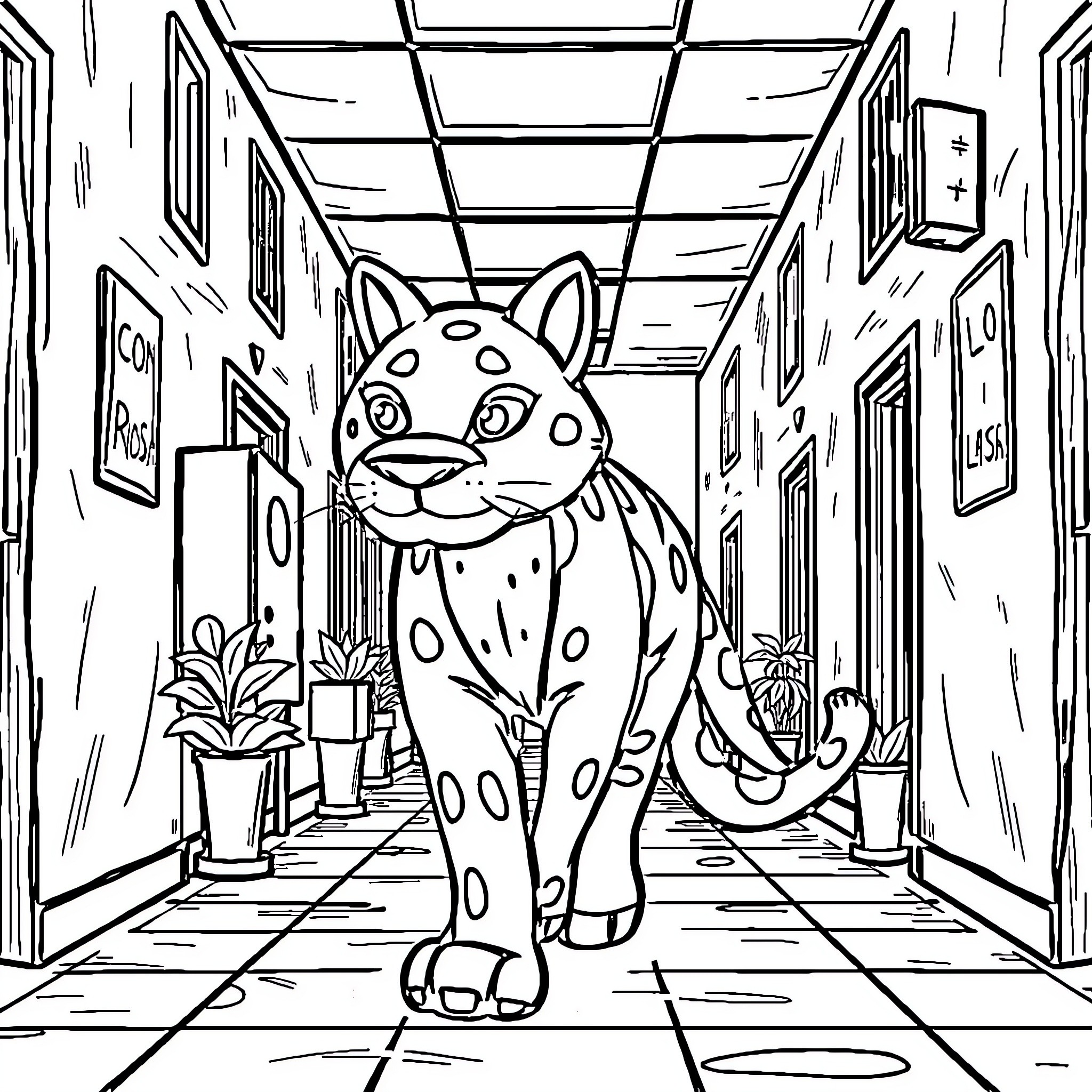 Panther Prowling Through Hallway Coloring Page (free black-and-white line drawing printable PDF for all, from beginners to advanced learners, including children, teens, adults, and seniors)