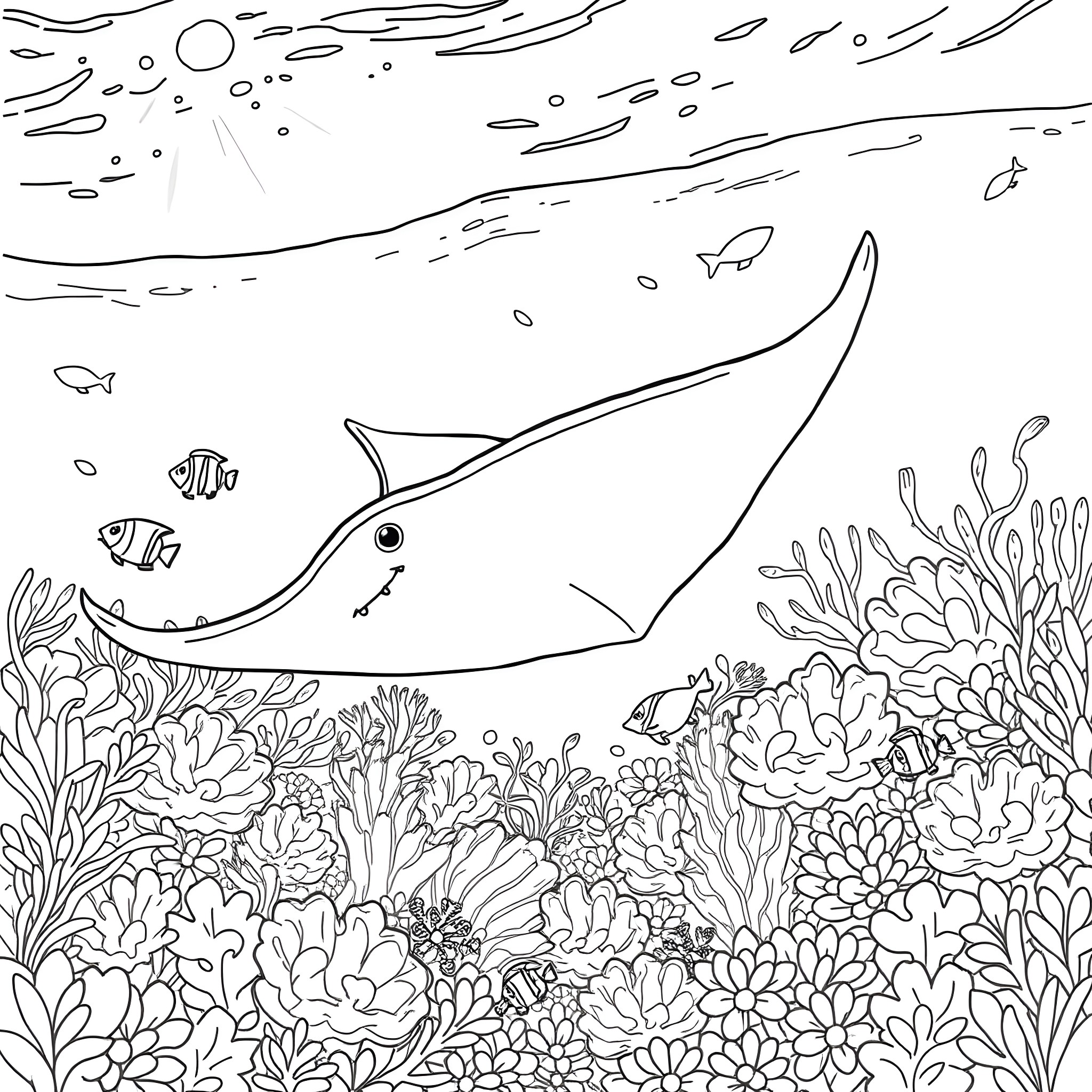 Ray swimming among the vibrant coral reefs Coloring Page (free black-and-white line drawing printable PDF for all, from beginners to advanced learners, including children, teens, adults, and seniors)