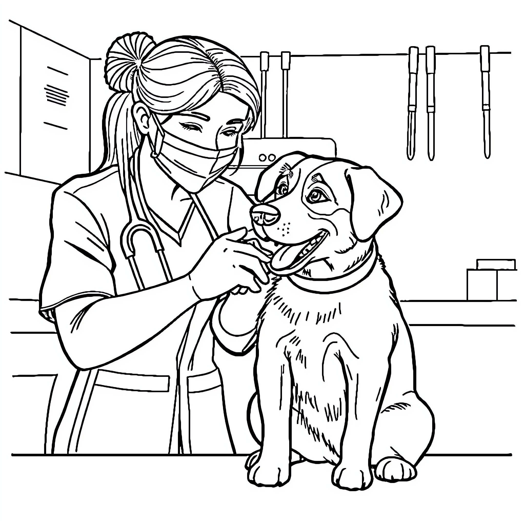 Vet examining and caring for a happy dog Coloring Page (free black-and-white line drawing printable PDF for all, from beginners to advanced learners, including children, teens, adults, and seniors)