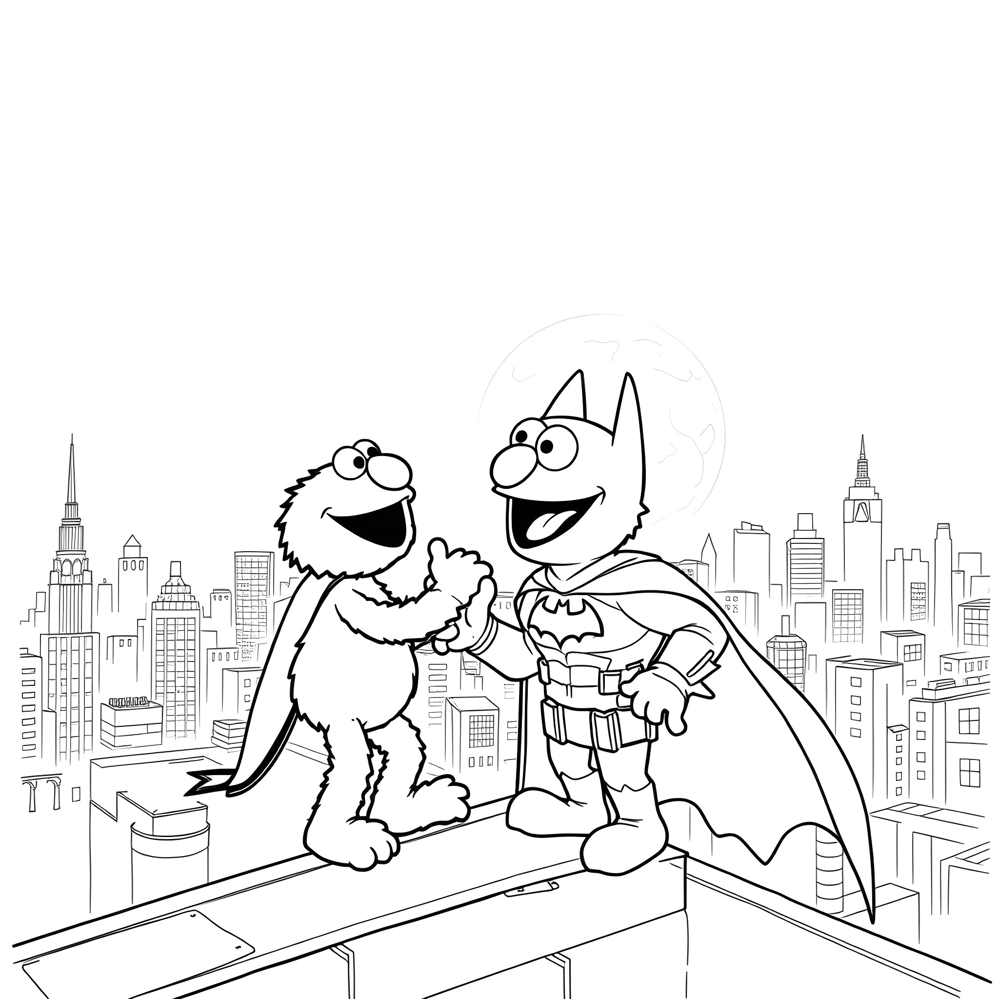 Elmo and Superhero Adventuring in the City Coloring Page (free black-and-white line drawing printable PDF for all, from beginners to advanced learners, including children, teens, adults, and seniors)