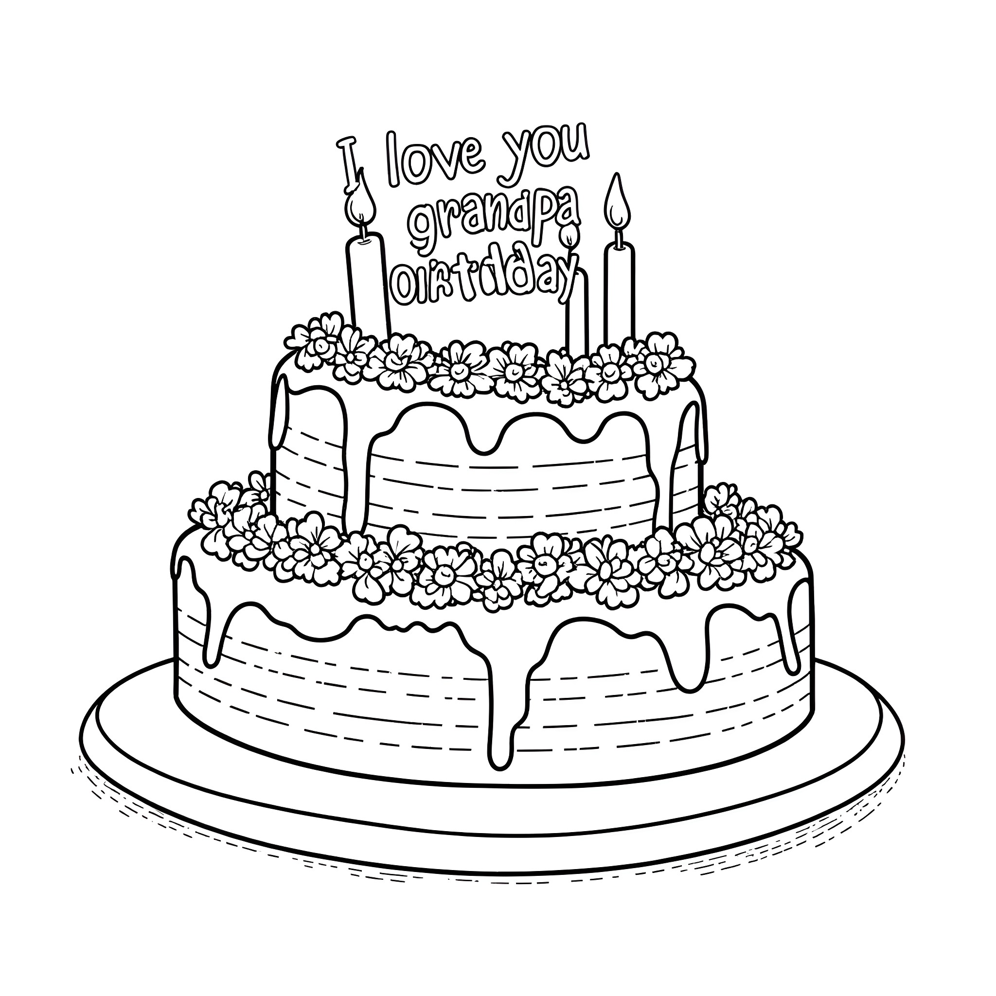 Birthday Cake for Grandpa with Floral Decorations Coloring Page (free black-and-white line drawing printable PDF for all, from beginners to advanced learners, including children, teens, adults, and seniors)