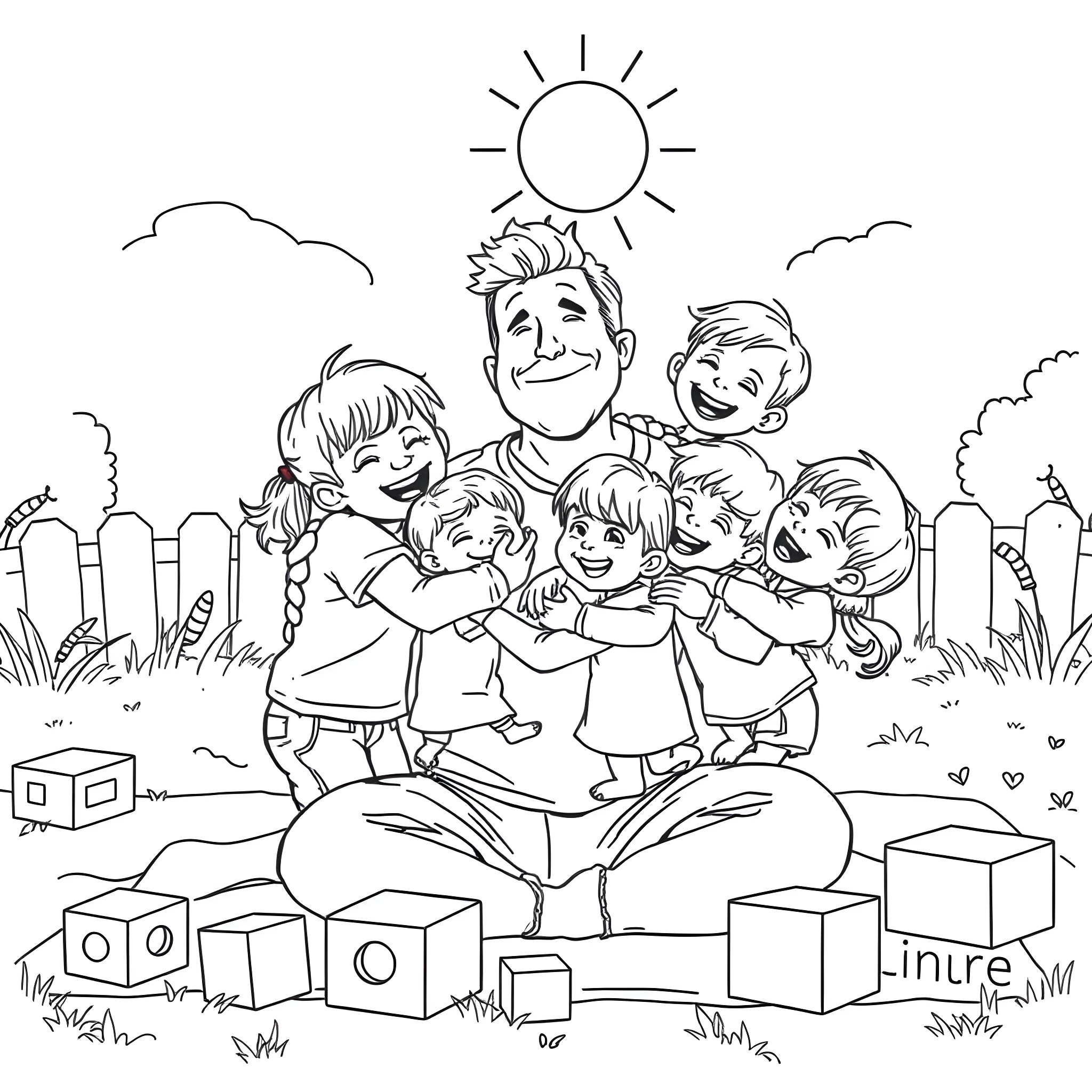 Father spending time with happy kids in the park Coloring Page (free black-and-white line drawing printable PDF for all, from beginners to advanced learners, including children, teens, adults, and seniors)
