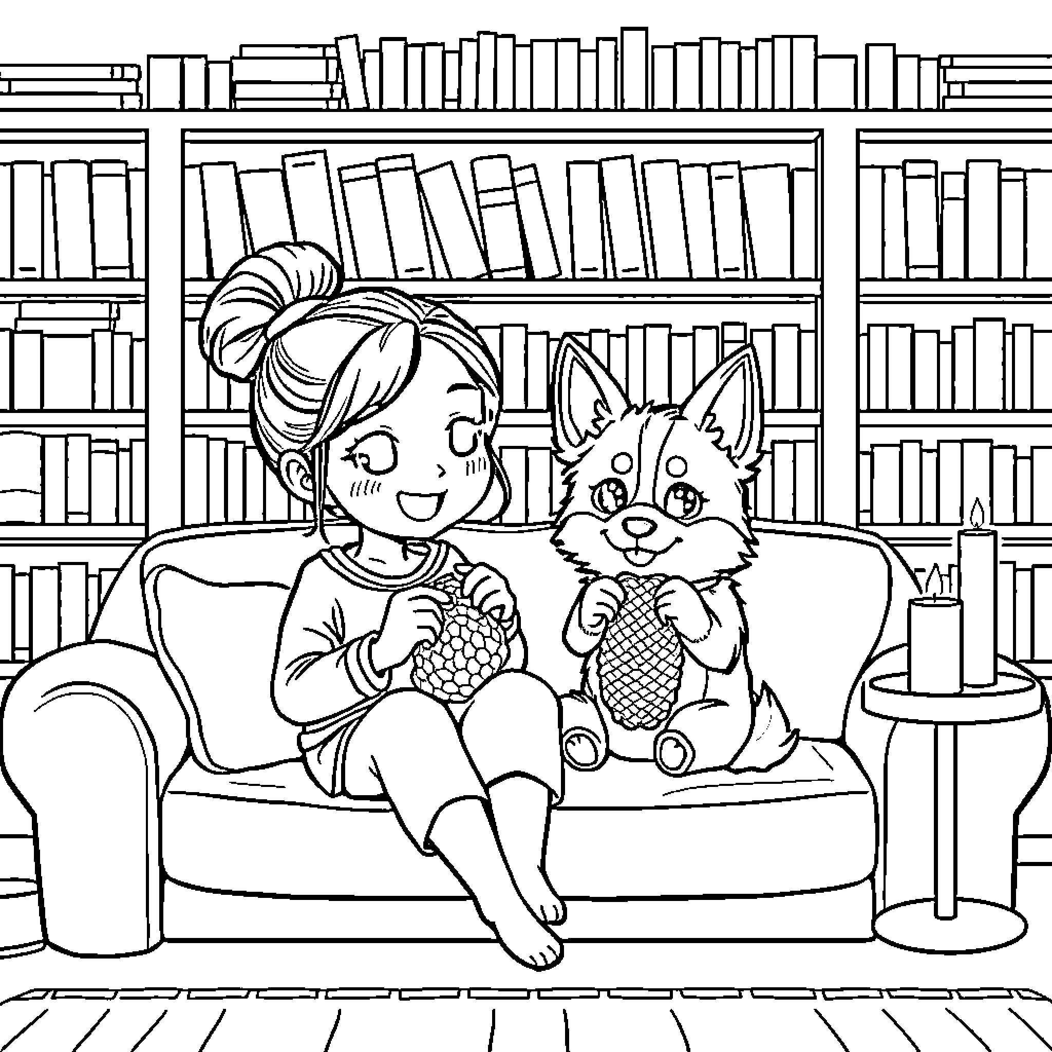 Chibi Woman Reads with Cute Puppy on Couch Coloring Page (free black-and-white line drawing printable PDF for all, from beginners to advanced learners, including children, teens, adults, and seniors)
