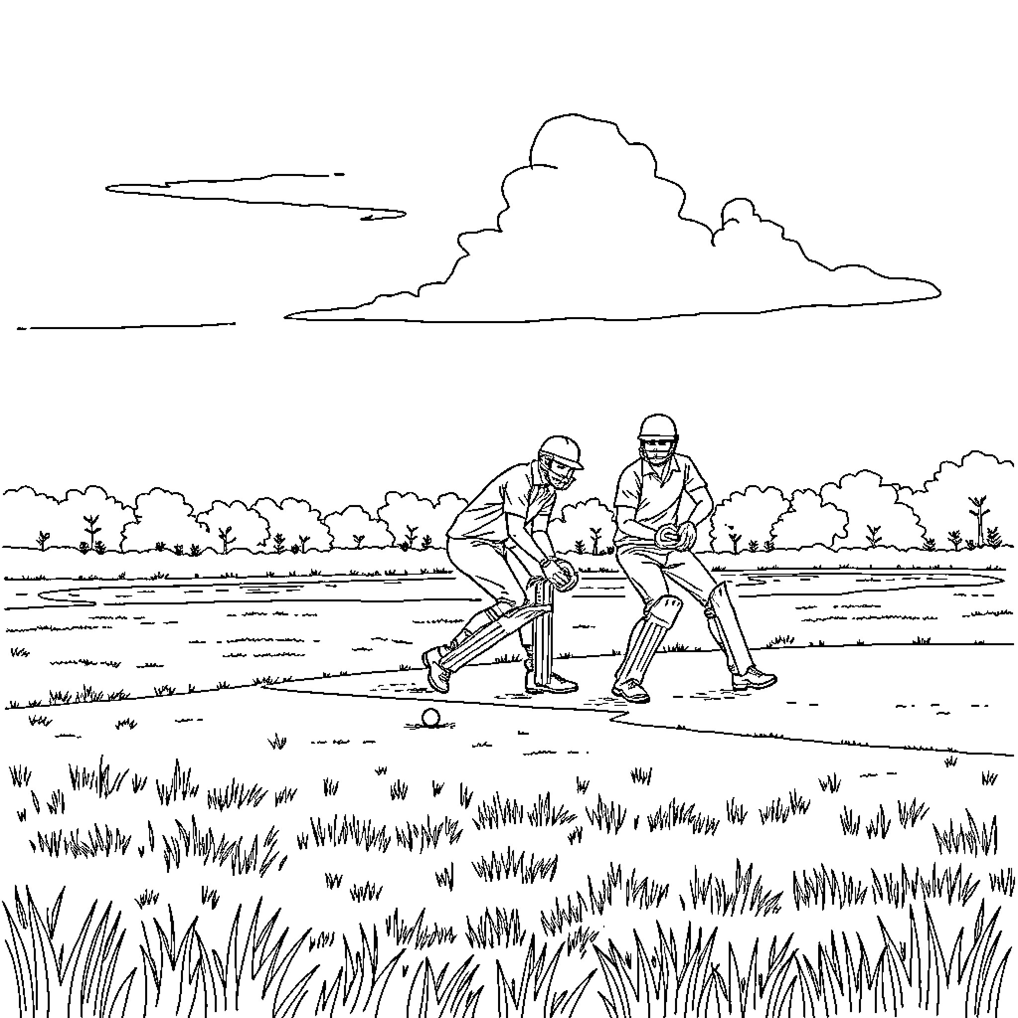 Line of Cricket Players in the Field Coloring Page (free black-and-white line drawing printable PDF for all, from beginners to advanced learners, including children, teens, adults, and seniors)