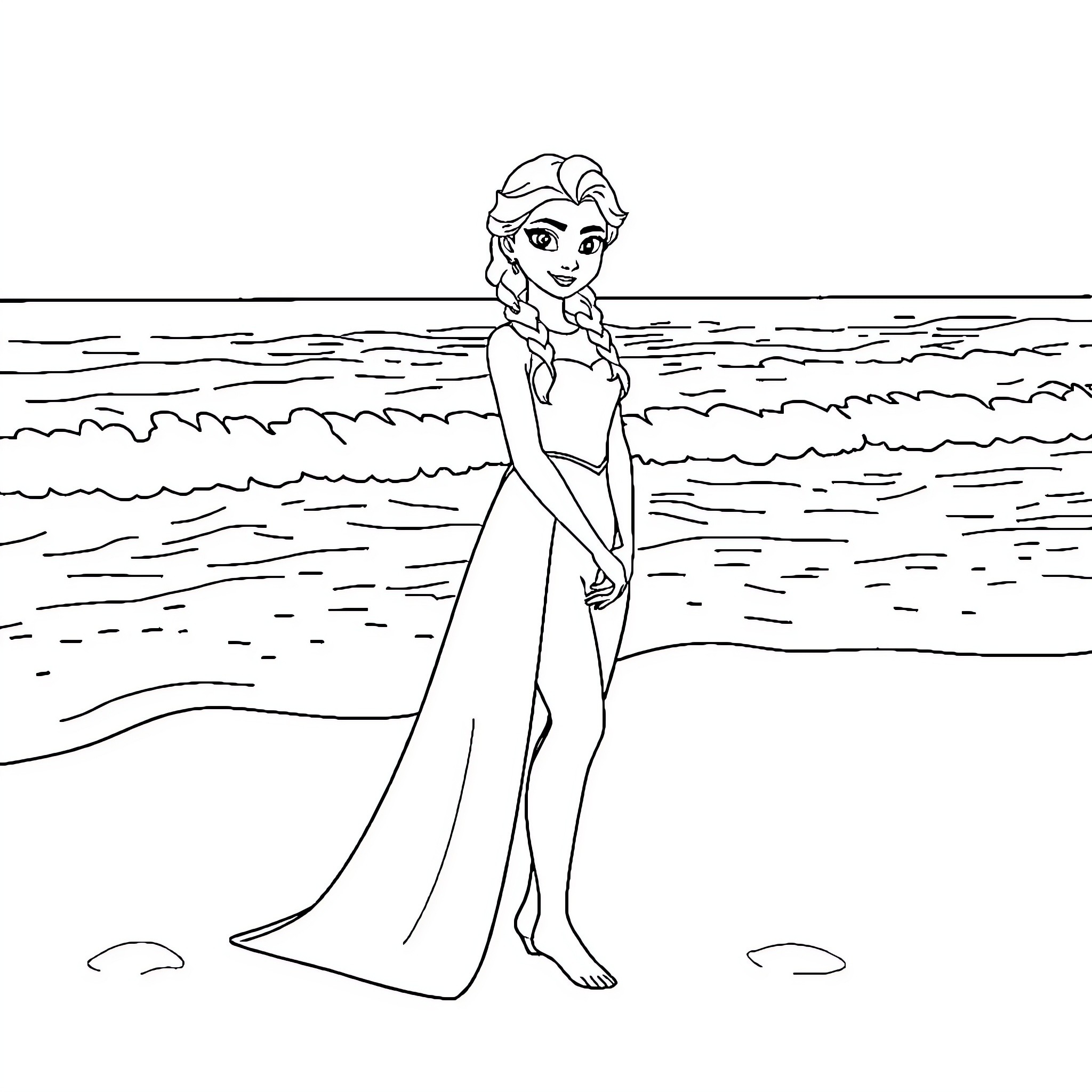 Elsa enjoying a tranquil day at the beach Coloring Page (free black-and-white line drawing printable PDF for all, from beginners to advanced learners, including children, teens, adults, and seniors)