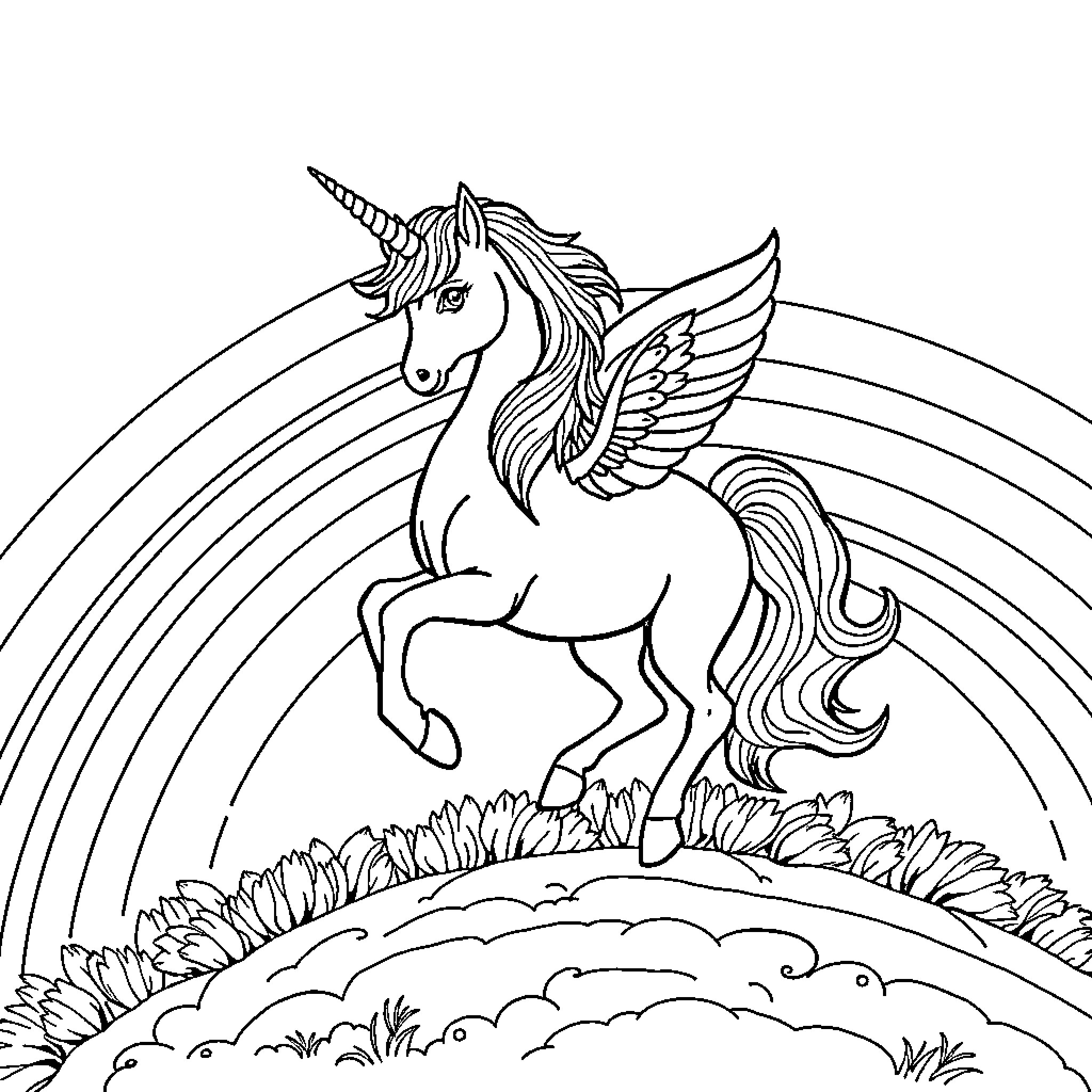 Unicorn soaring through a magical landscape Coloring Page (free black-and-white line drawing printable PDF for all, from beginners to advanced learners, including children, teens, adults, and seniors)