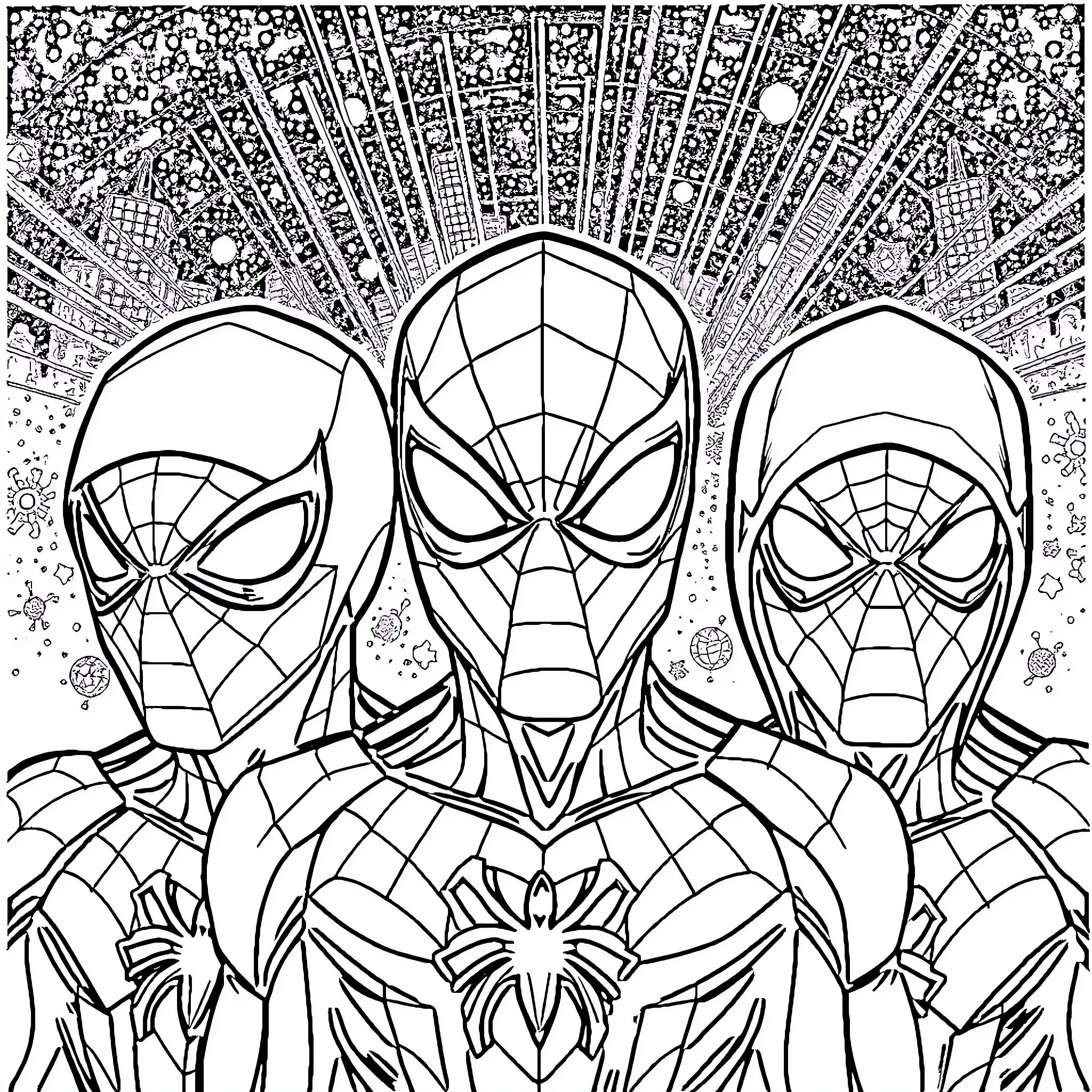 Spider-Man heroic trio in action-packed scene Coloring Page (free black-and-white line drawing printable PDF for all, from beginners to advanced learners, including children, teens, adults, and seniors)
