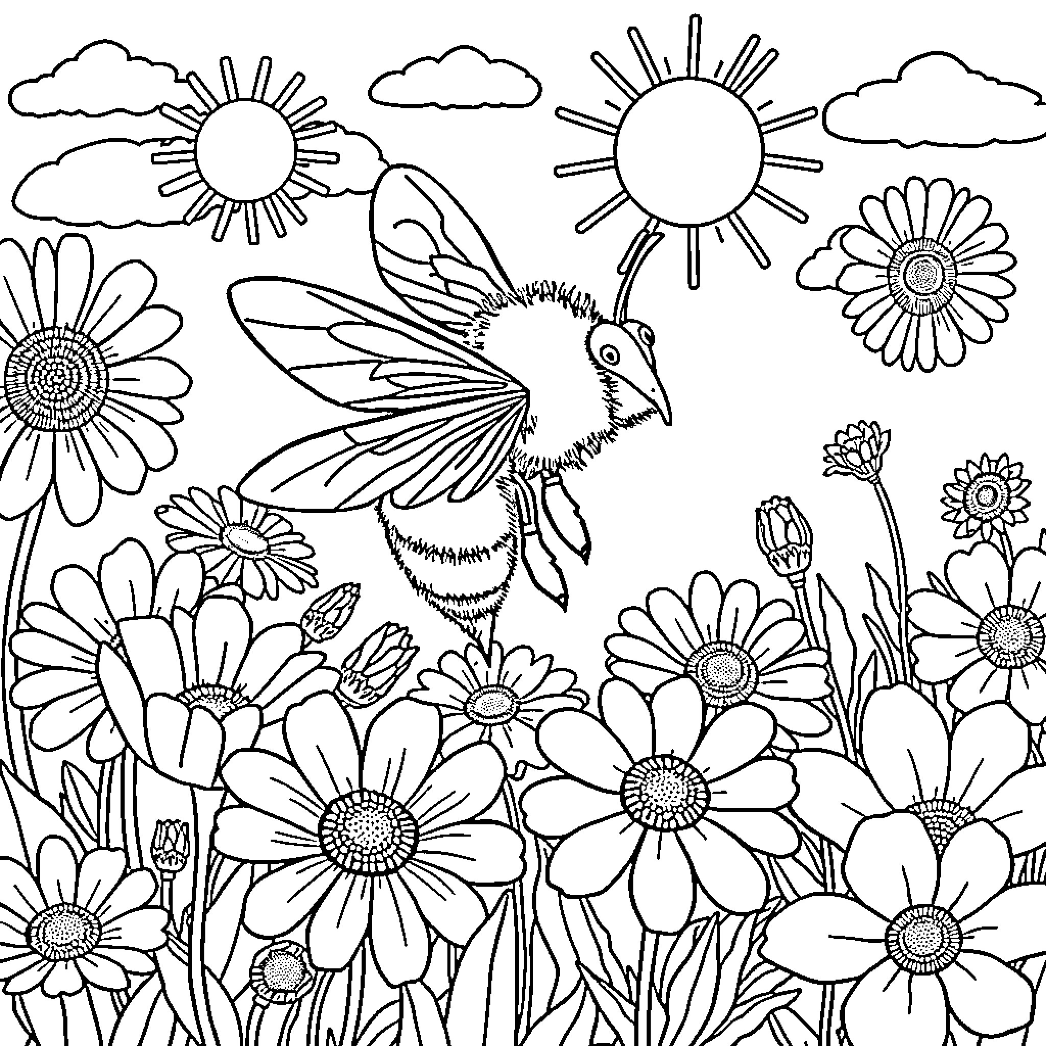 Bee among the blooming flowers Coloring Page (free black-and-white line drawing printable PDF for all, from beginners to advanced learners, including children, teens, adults, and seniors)