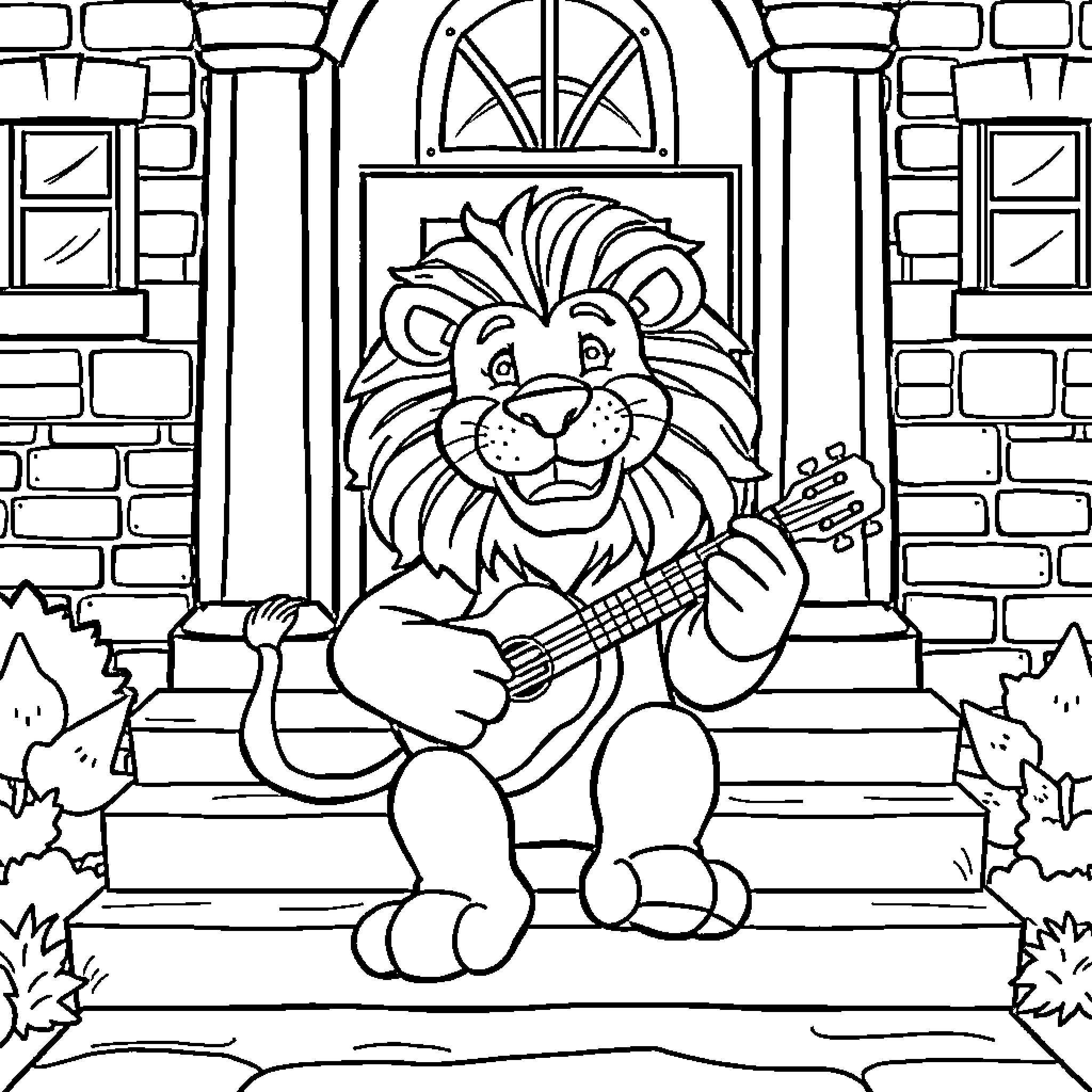 Lion playing guitar on the porch Coloring Page (free black-and-white line drawing printable PDF for all, from beginners to advanced learners, including children, teens, adults, and seniors)