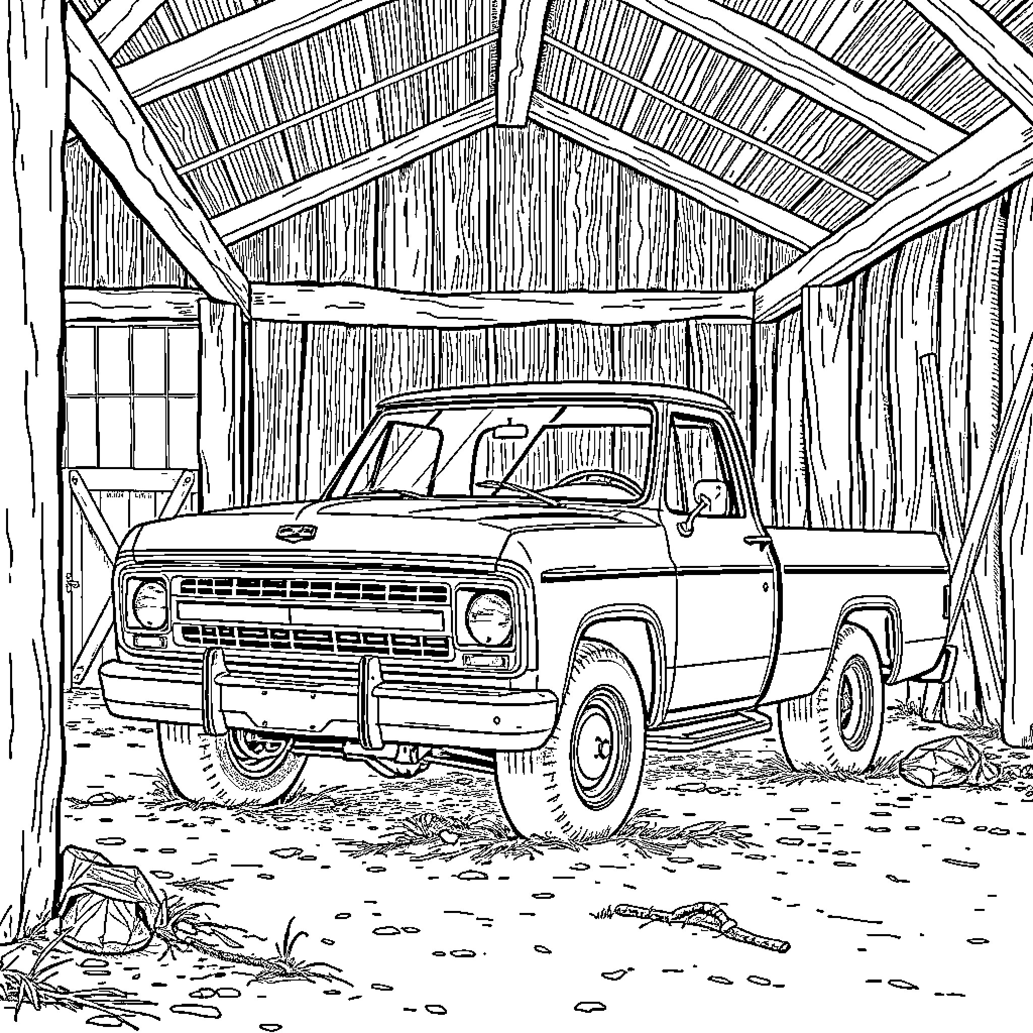 Pickup truck in rustic barn scene Coloring Page (free black-and-white line drawing printable PDF for all, from beginners to advanced learners, including children, teens, adults, and seniors)