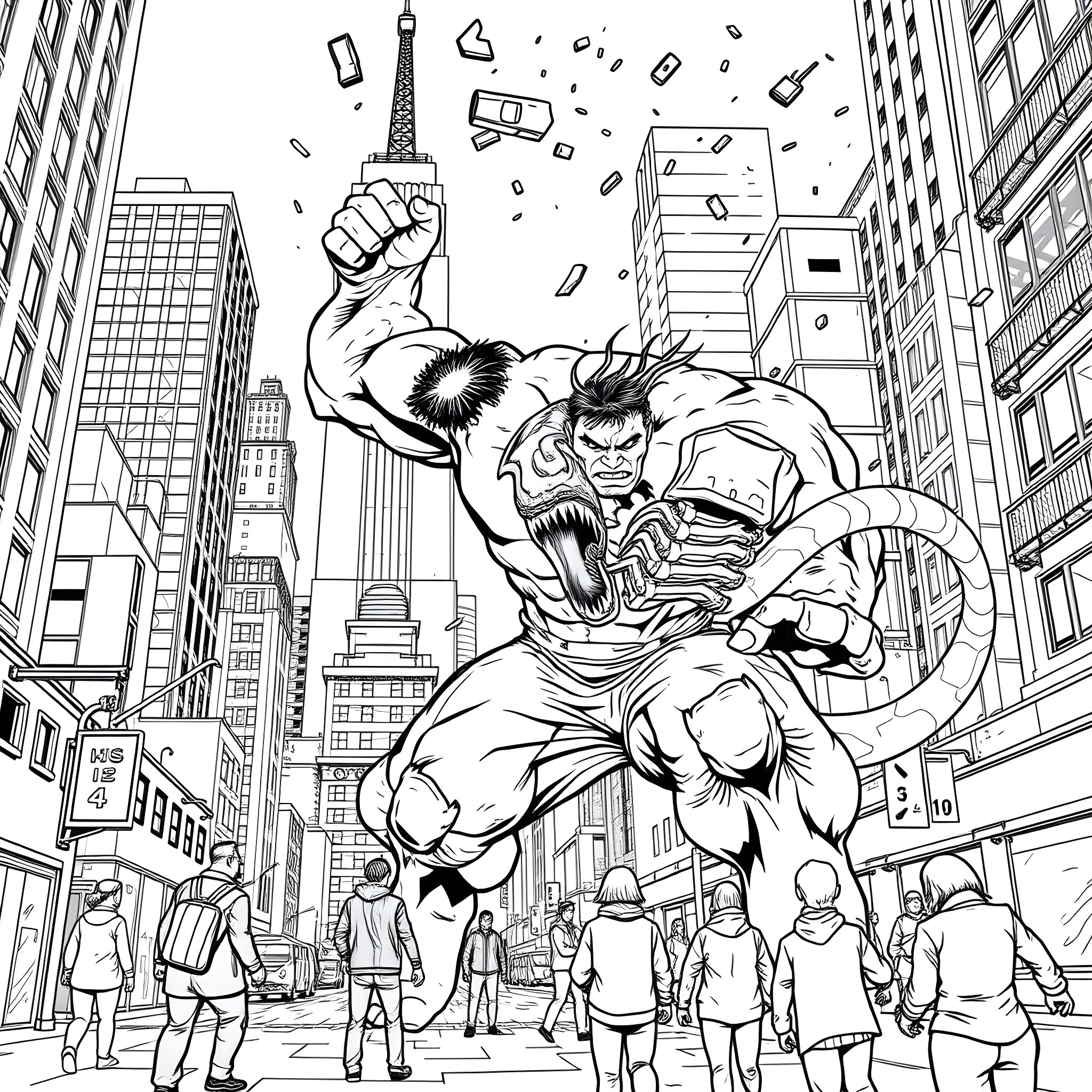 Hulk rampaging through the city Coloring Page (free black-and-white line drawing printable PDF for all, from beginners to advanced learners, including children, teens, adults, and seniors)
