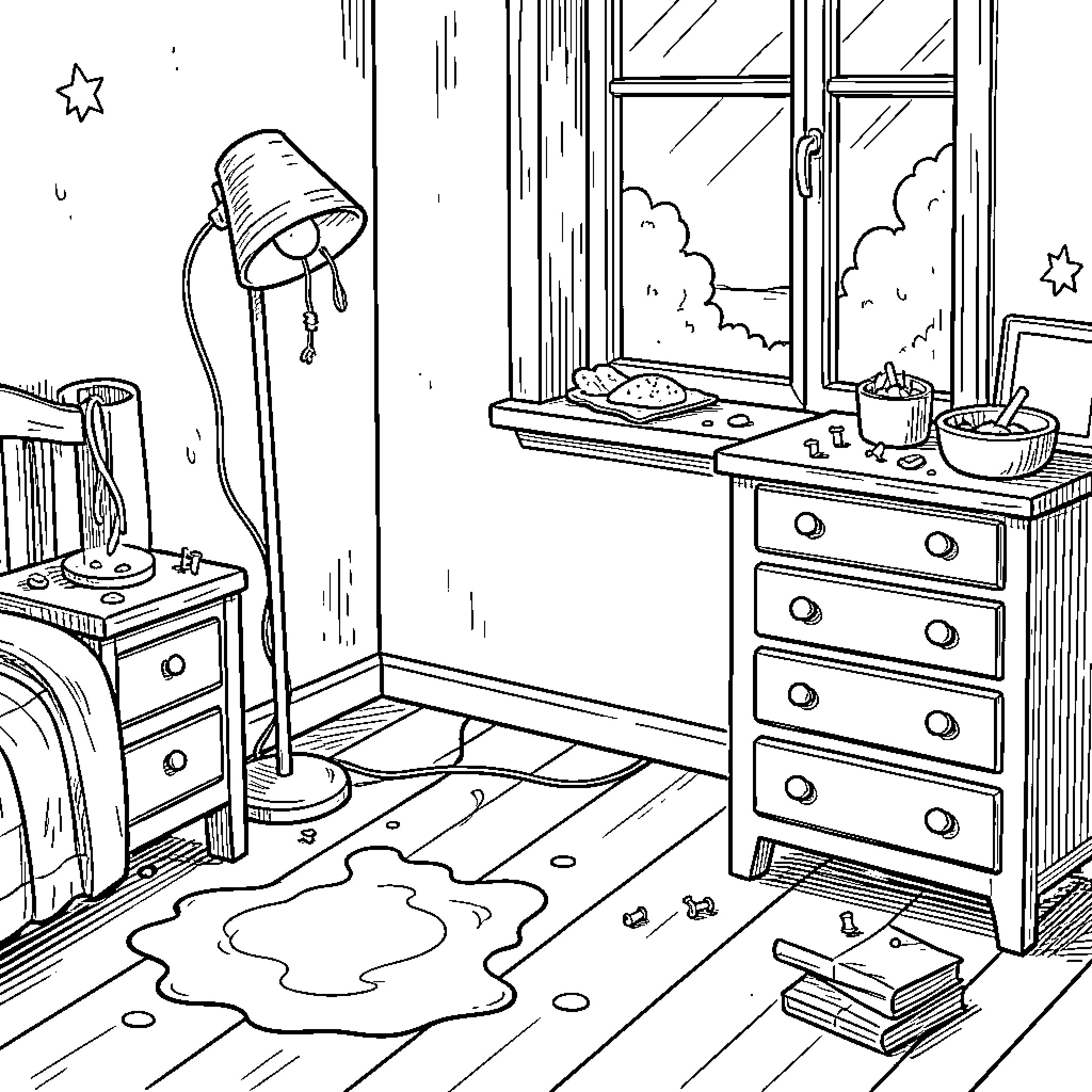 Kid's Bedroom with messy snacks and toys on the floor Coloring Page (free black-and-white line drawing printable PDF for all, from beginners to advanced learners, including children, teens, adults, and seniors)