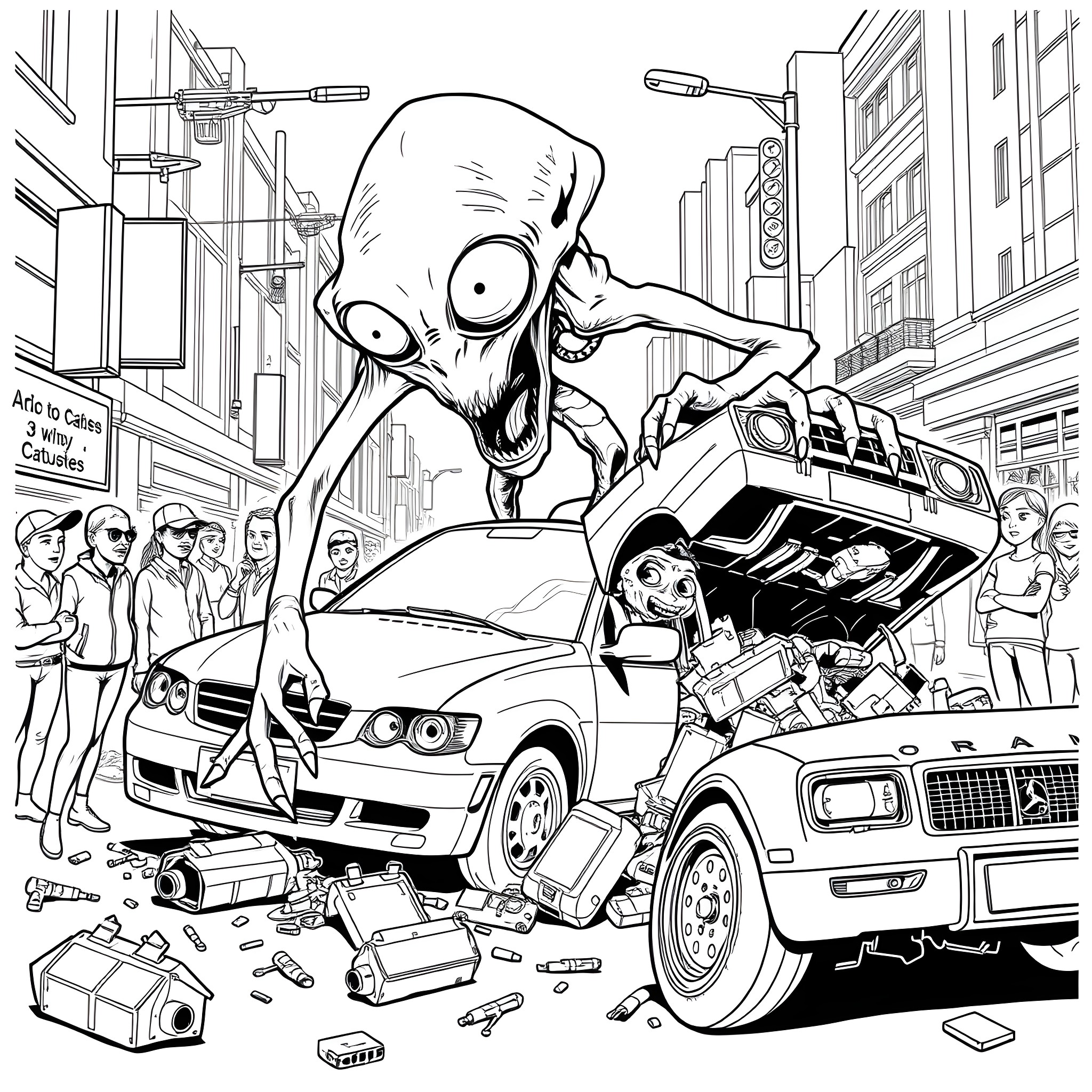 Alien creature causes chaos in the city Coloring Page (free black-and-white line drawing printable PDF for all, from beginners to advanced learners, including children, teens, adults, and seniors)