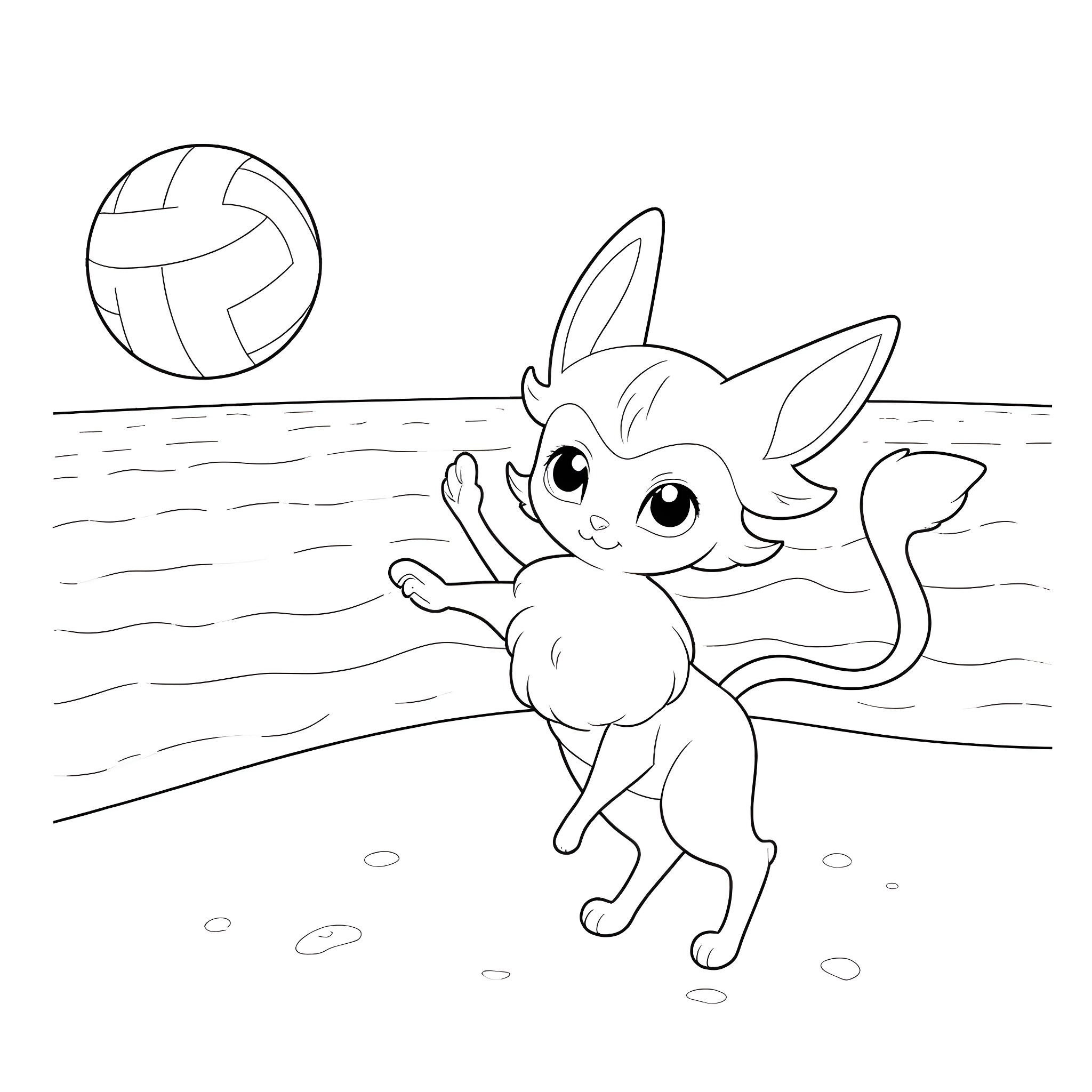 Espeon playing joyfully with volleyball by the beach Coloring Page (free black-and-white line drawing printable PDF for all, from beginners to advanced learners, including children, teens, adults, and seniors)