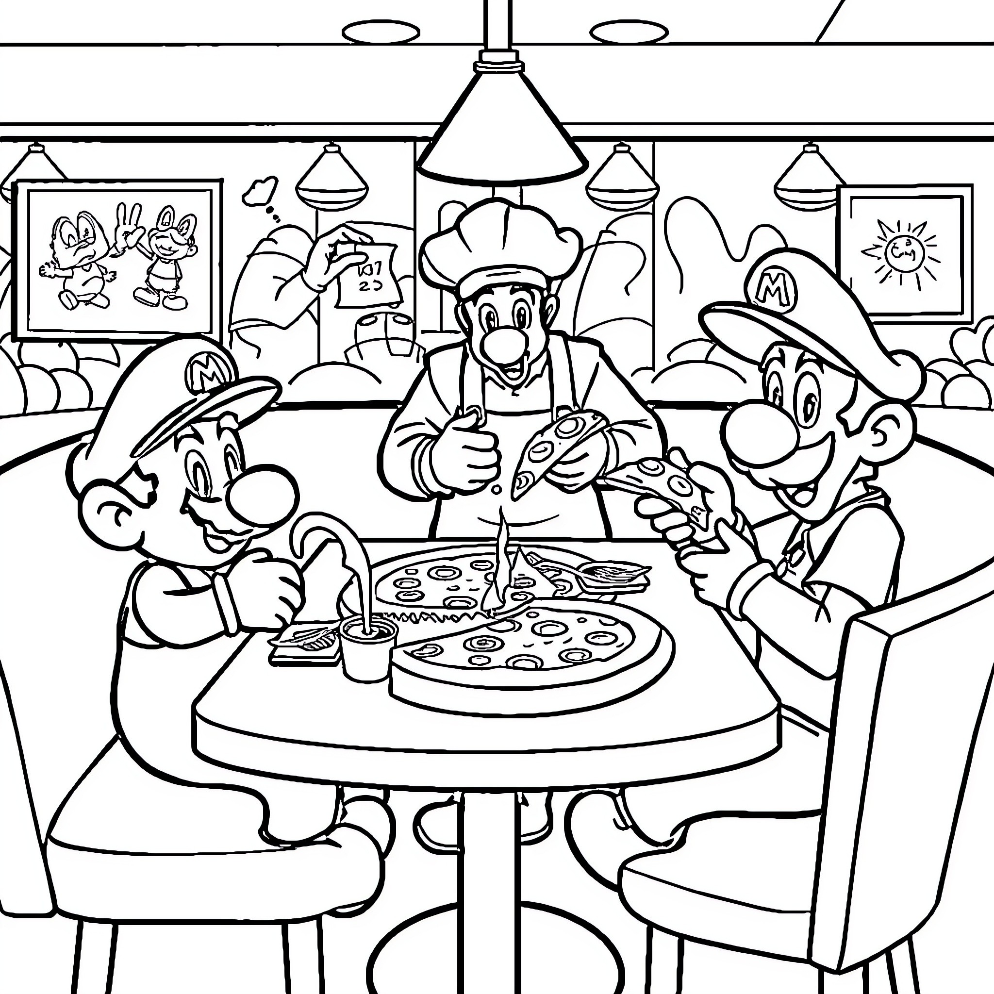 Bob esponja and friends enjoying pizza together Coloring Page (free black-and-white line drawing printable PDF for all, from beginners to advanced learners, including children, teens, adults, and seniors)