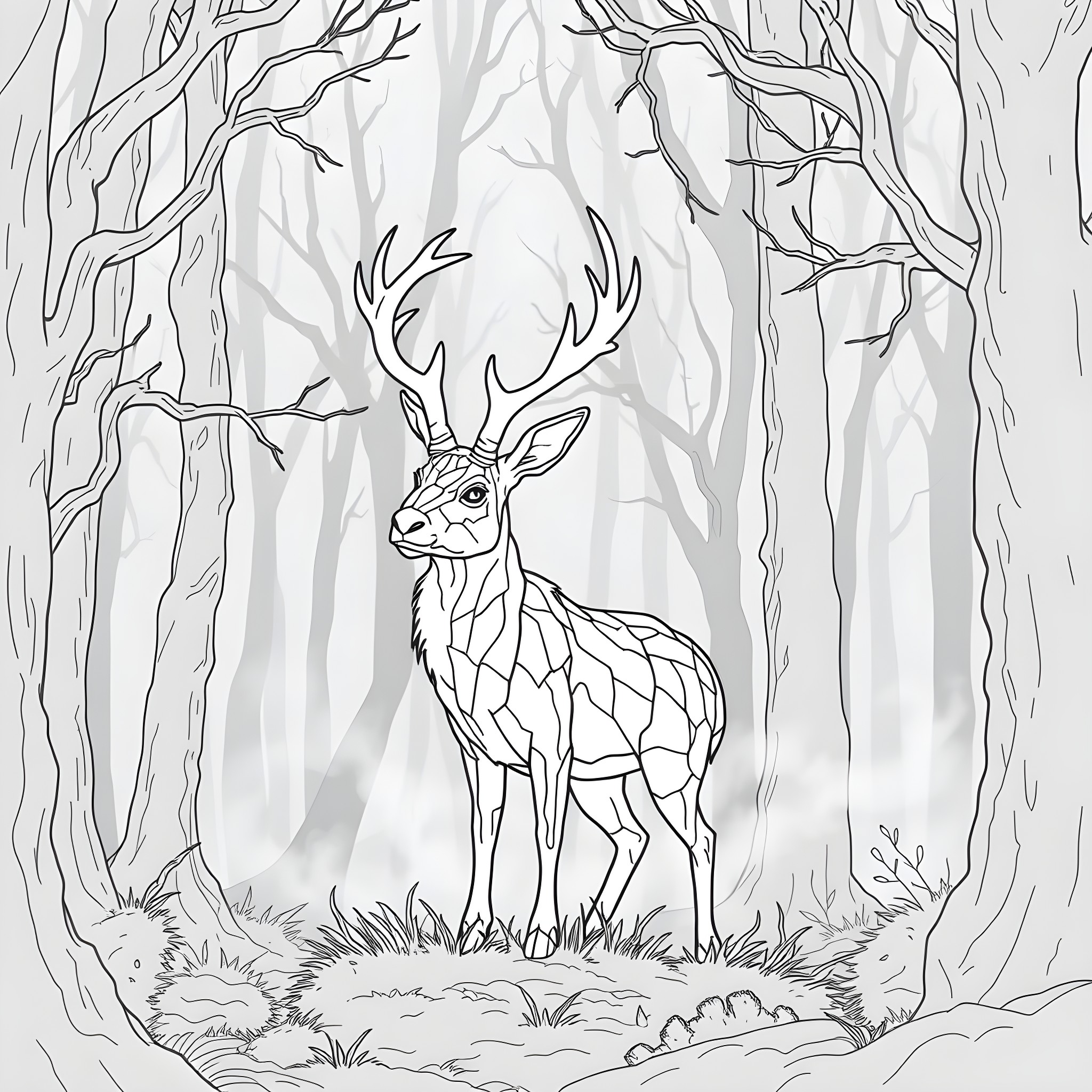 Jackalope in a mystical forest Coloring Page (free black-and-white line drawing printable PDF for all, from beginners to advanced learners, including children, teens, adults, and seniors)