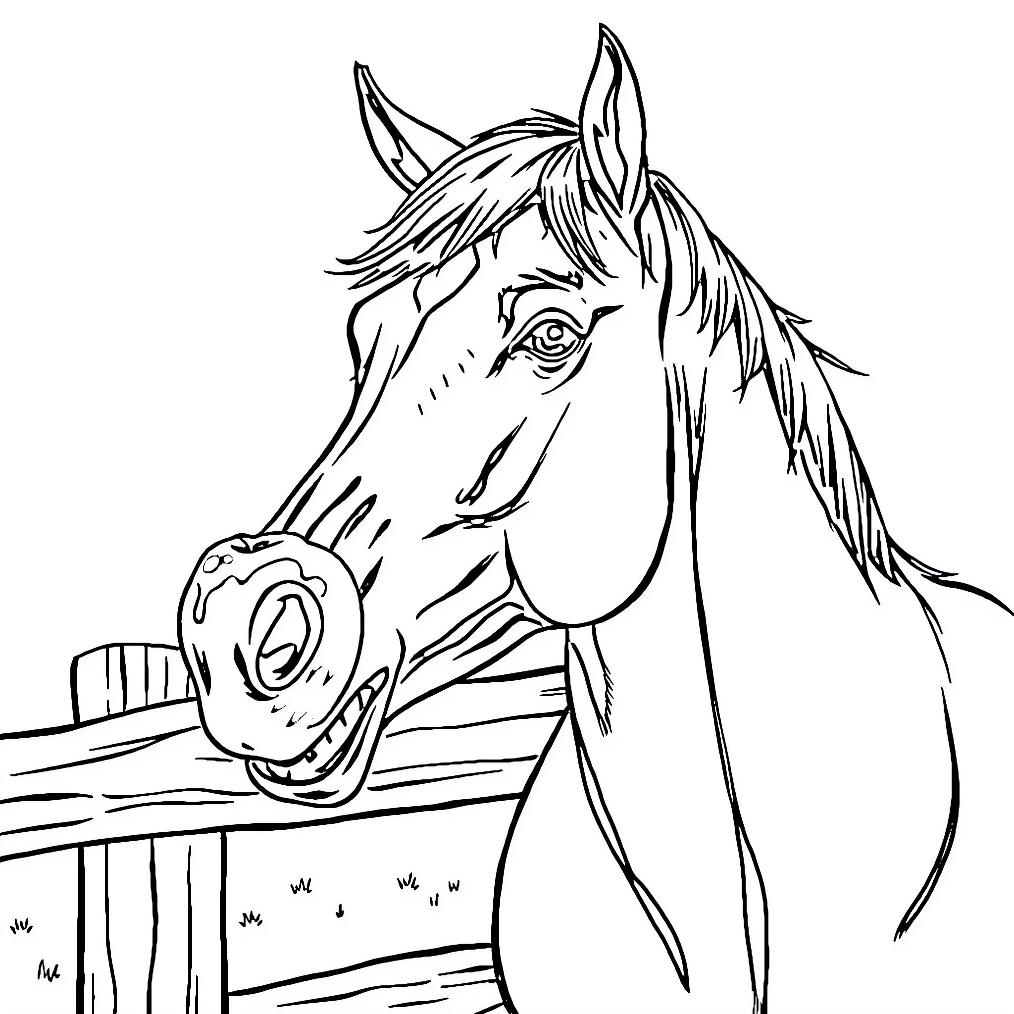 Horse peering through wooden fence Coloring Page (free black-and-white line drawing printable PDF for all, from beginners to advanced learners, including children, teens, adults, and seniors)