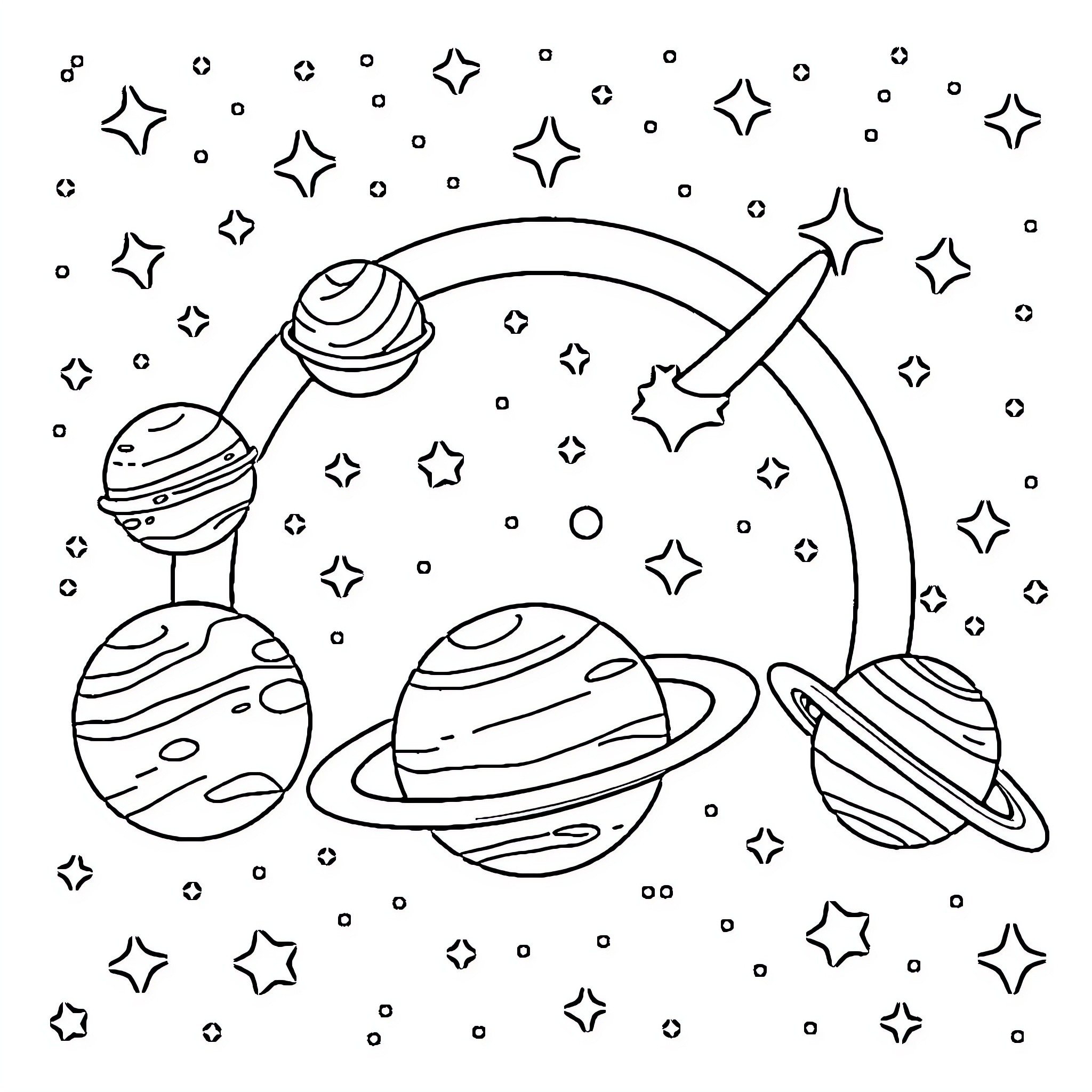 Planet with floating celestial bodies Coloring Page (free black-and-white line drawing printable PDF for all, from beginners to advanced learners, including children, teens, adults, and seniors)