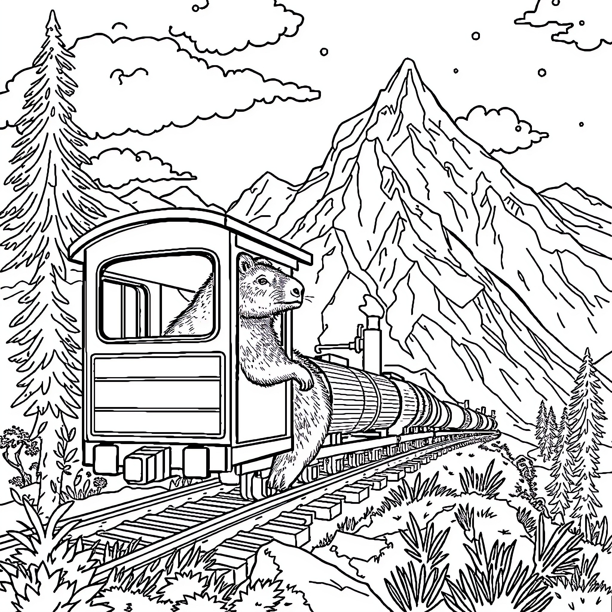 Capybara enjoying a scenic train ride through the mountains Coloring Page (free black-and-white line drawing printable PDF for all, from beginners to advanced learners, including children, teens, adults, and seniors)