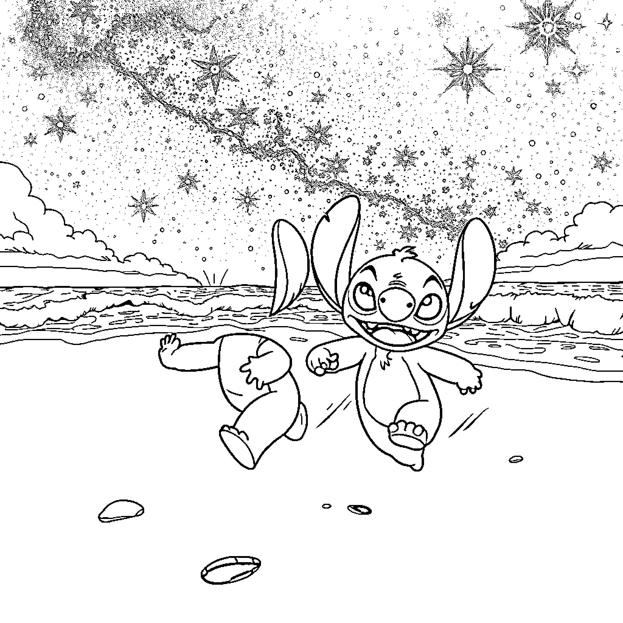 Lilo And Stitch Playing on the Beach under the Starry Sky Coloring Page (free black-and-white line drawing printable PDF for all, from beginners to advanced learners, including children, teens, adults, and seniors)