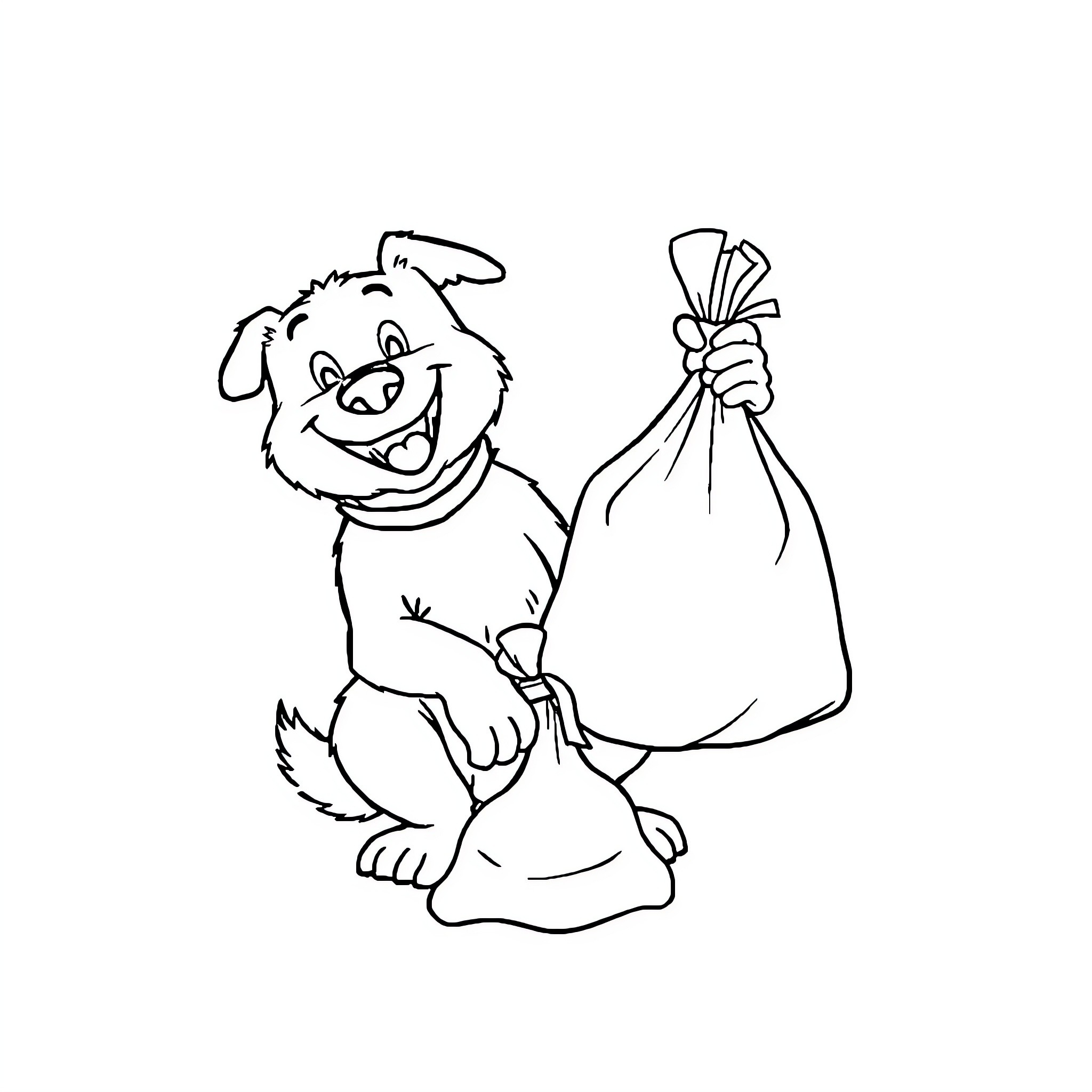 Dog carrying a bag of money Coloring Page (free black-and-white line drawing printable PDF for all, from beginners to advanced learners, including children, teens, adults, and seniors)
