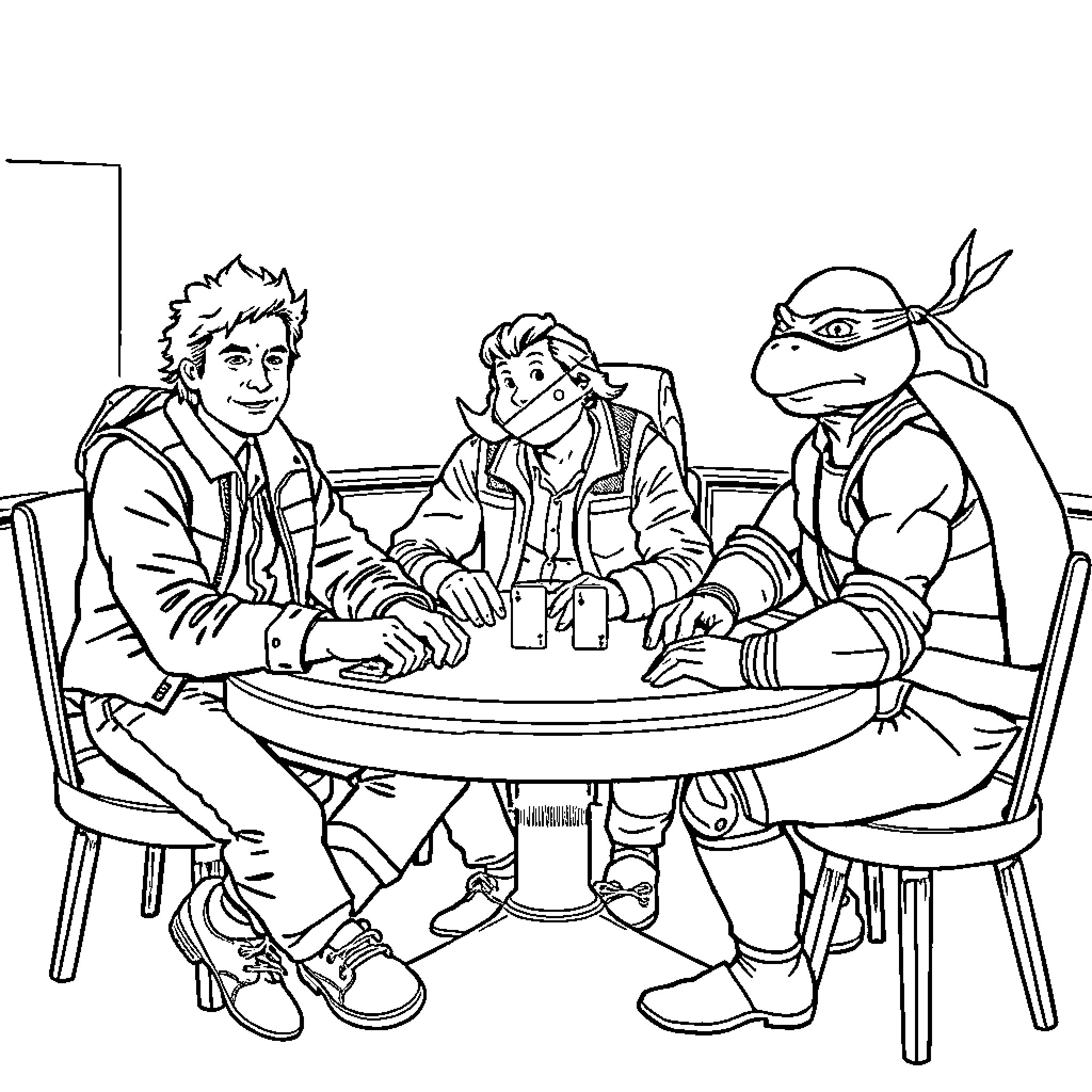 Marty McFly and friends enjoying a meeting Coloring Page (free black-and-white line drawing printable PDF for all, from beginners to advanced learners, including children, teens, adults, and seniors)