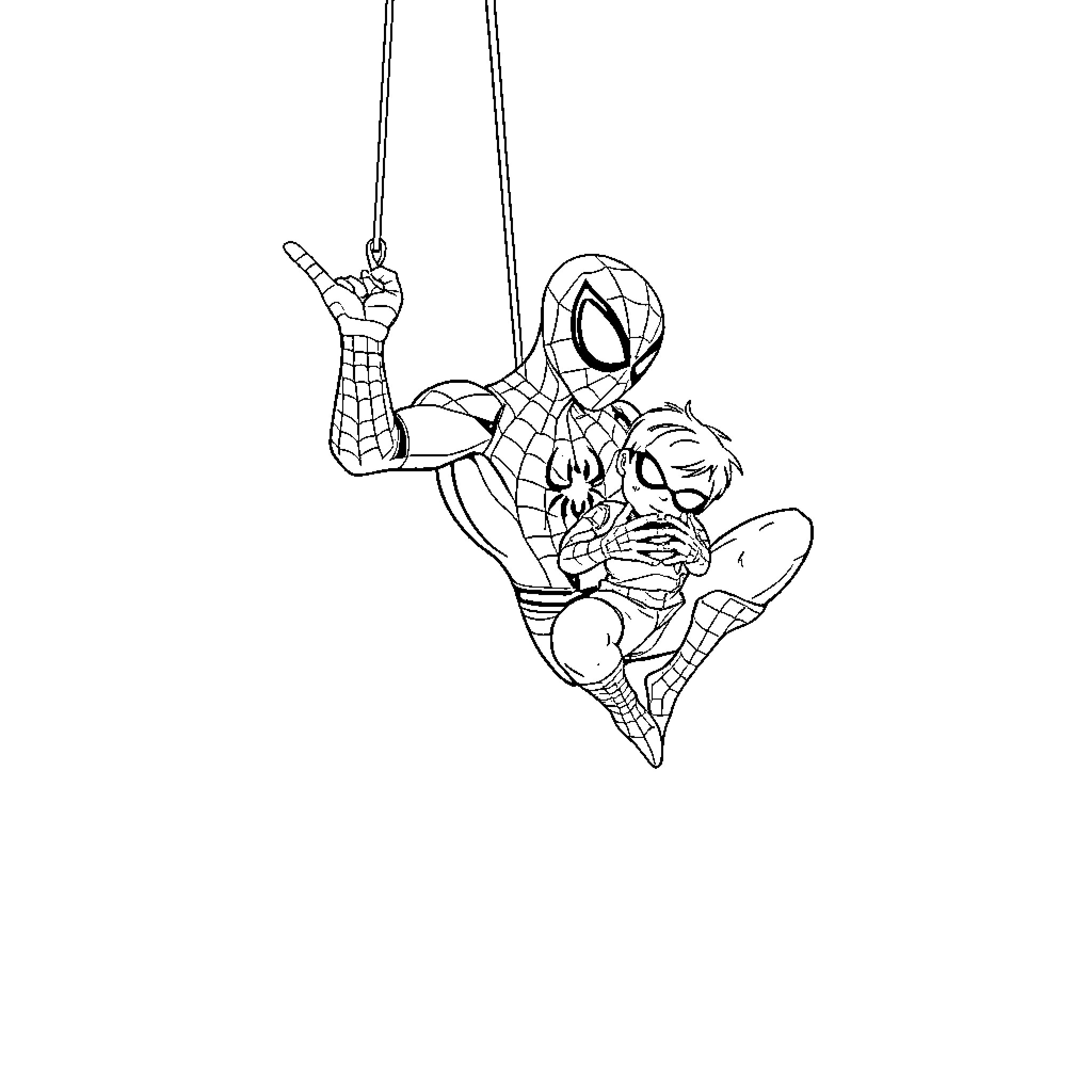 Spider-Man swinging into action with sidekick Coloring Page (free black-and-white line drawing printable PDF for all, from beginners to advanced learners, including children, teens, adults, and seniors)