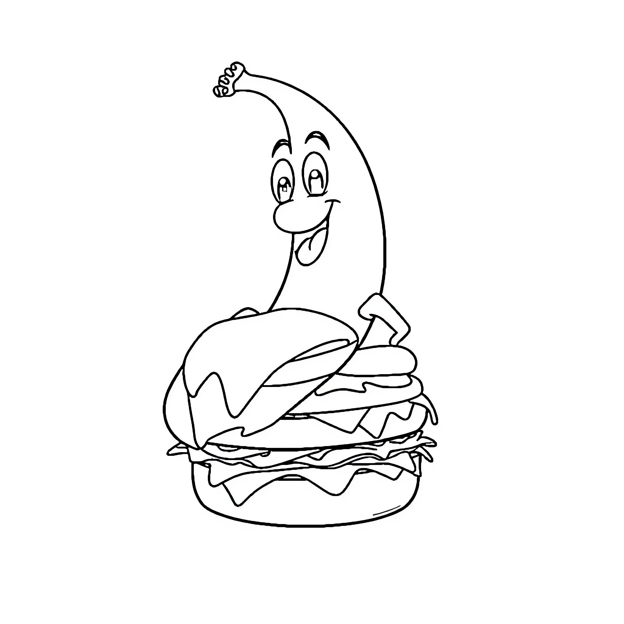 Banana character with a tasty hamburger Coloring Page (free black-and-white line drawing printable PDF for all, from beginners to advanced learners, including children, teens, adults, and seniors)
