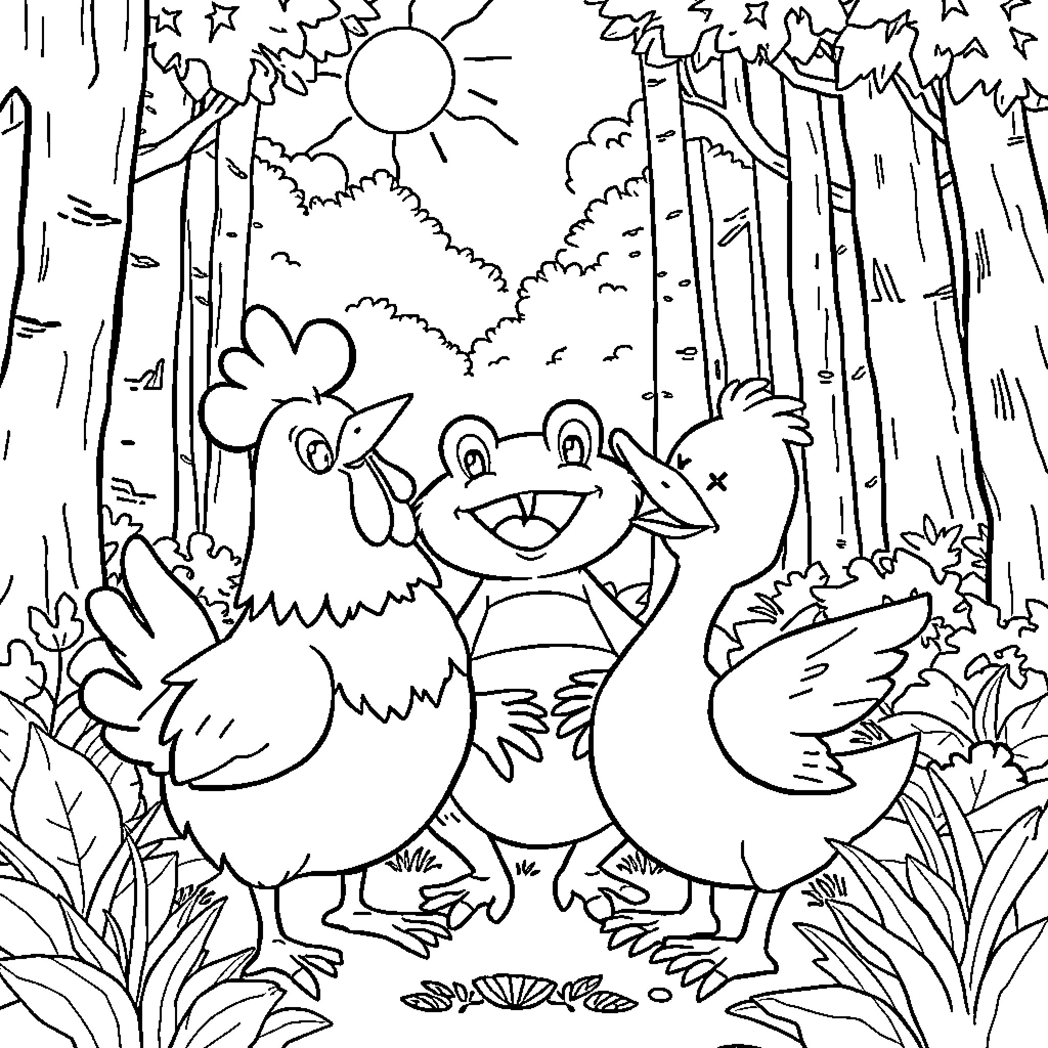 Chicken buddies exploring the forest Coloring Page (free black-and-white line drawing printable PDF for all, from beginners to advanced learners, including children, teens, adults, and seniors)