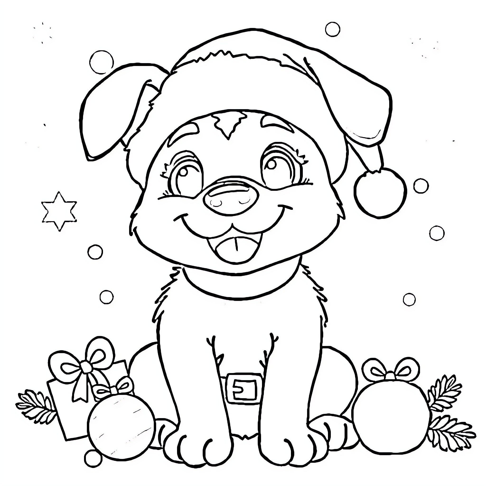 Bluey's Festive Pup Posing with Gifts Coloring Page (free black-and-white line drawing printable PDF for all, from beginners to advanced learners, including children, teens, adults, and seniors)