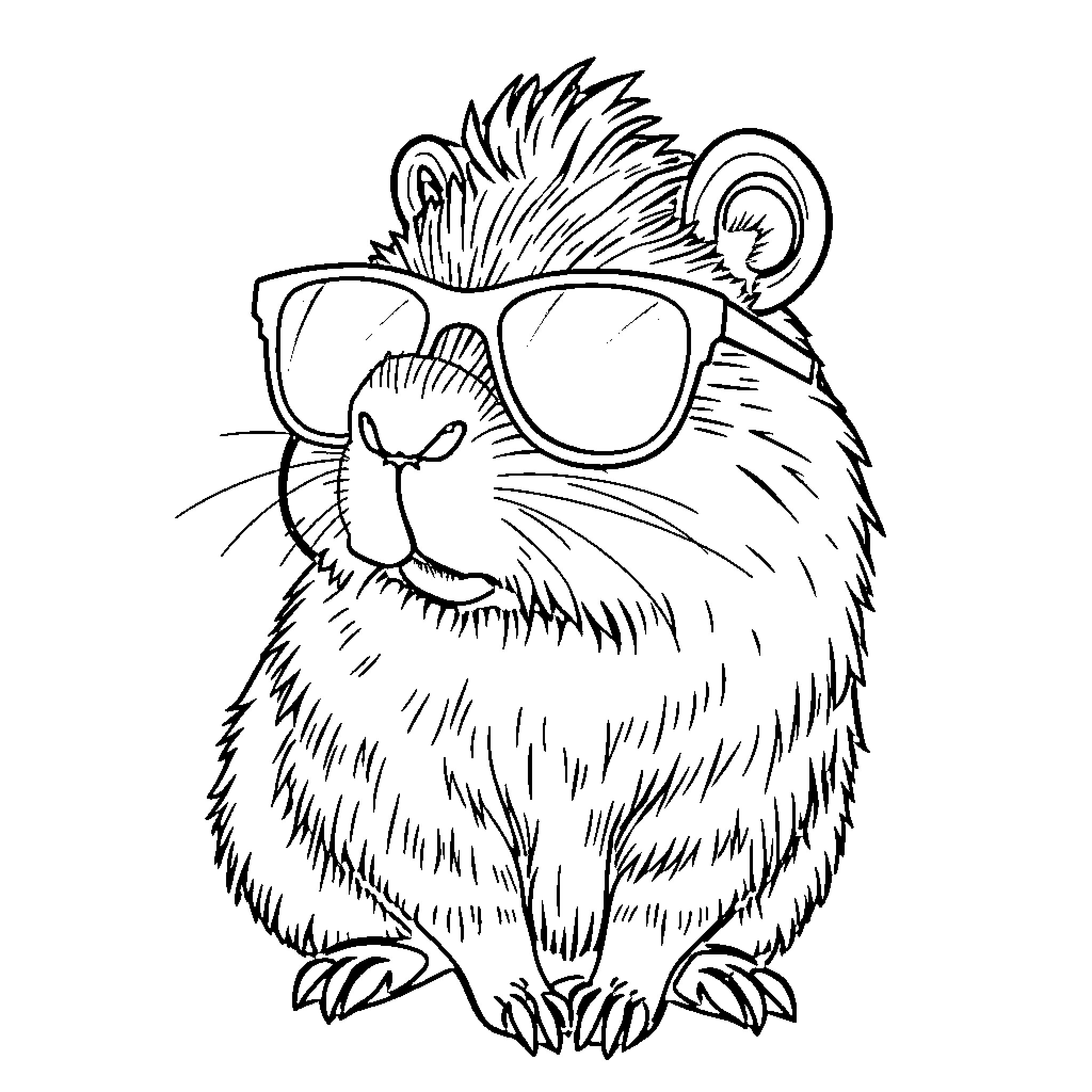 Cabybara wearing cool sunglasses Coloring Page (free black-and-white line drawing printable PDF for all, from beginners to advanced learners, including children, teens, adults, and seniors)